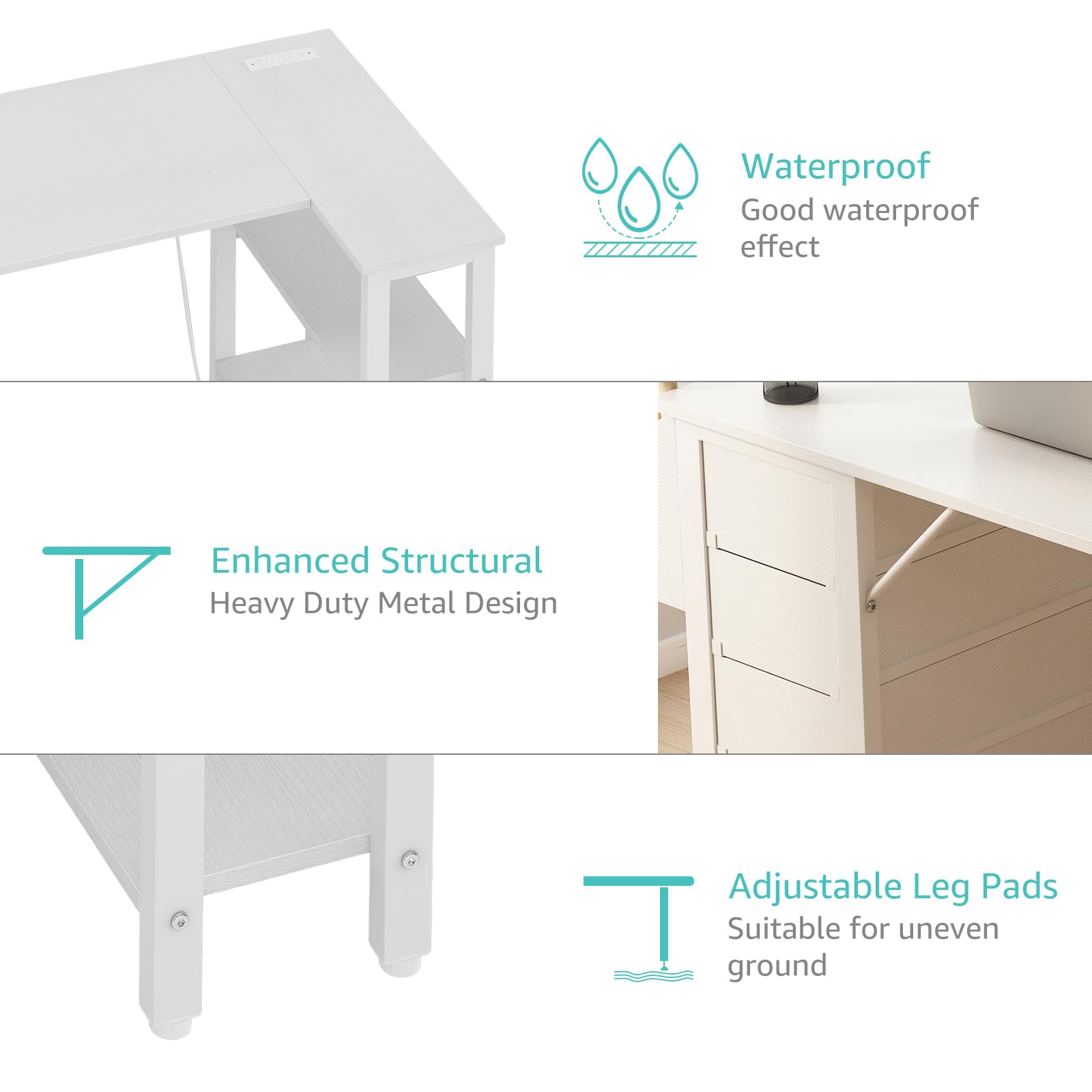 White L Shaped Computer Desk with Drawers & Storage Shelves, 47 Inch Corner Reversible Desk with Power Outlet for Home Office Bedroom, L-Shaped Teen PC Desks with Fabric Drawer, White