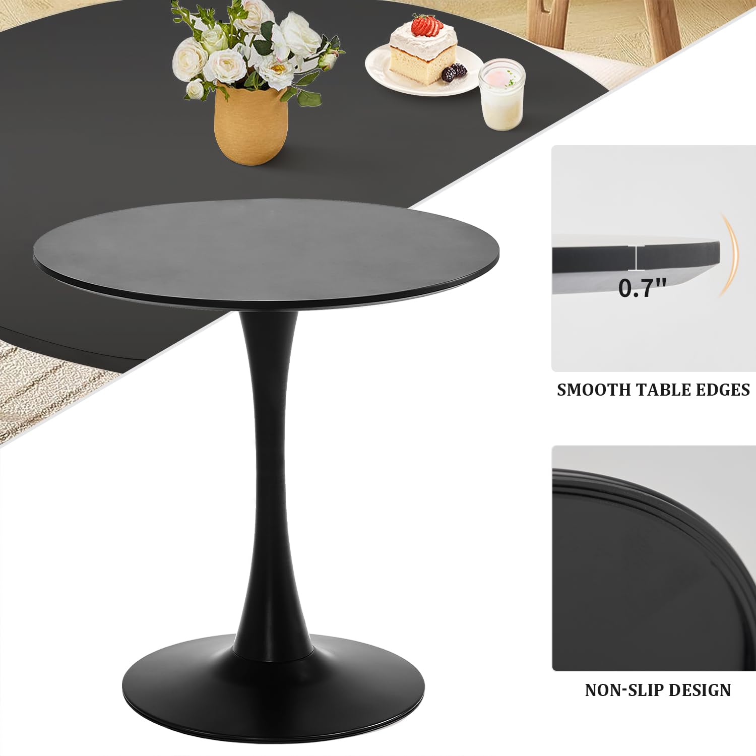 TUOMUR Black Round Dining Table, 27.6" Tulip Table Kitchen Round Dining Table for 1-2 People with MDF Table Top and Metal Pedestal Base, Mid-Century Leisure Table for Home, Dining Room, Cafe