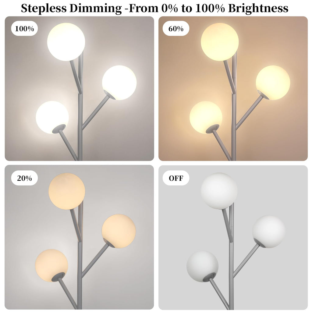 Dimmable 3-Globe Mid Century Modern Floor Lamp, Bulbs Included,70in Tall Silver Standing Floor Lamp with Frosted Glass Shade for Living Room,Office Bedroom, Study Room, Hotel, (dimmer-Silver)