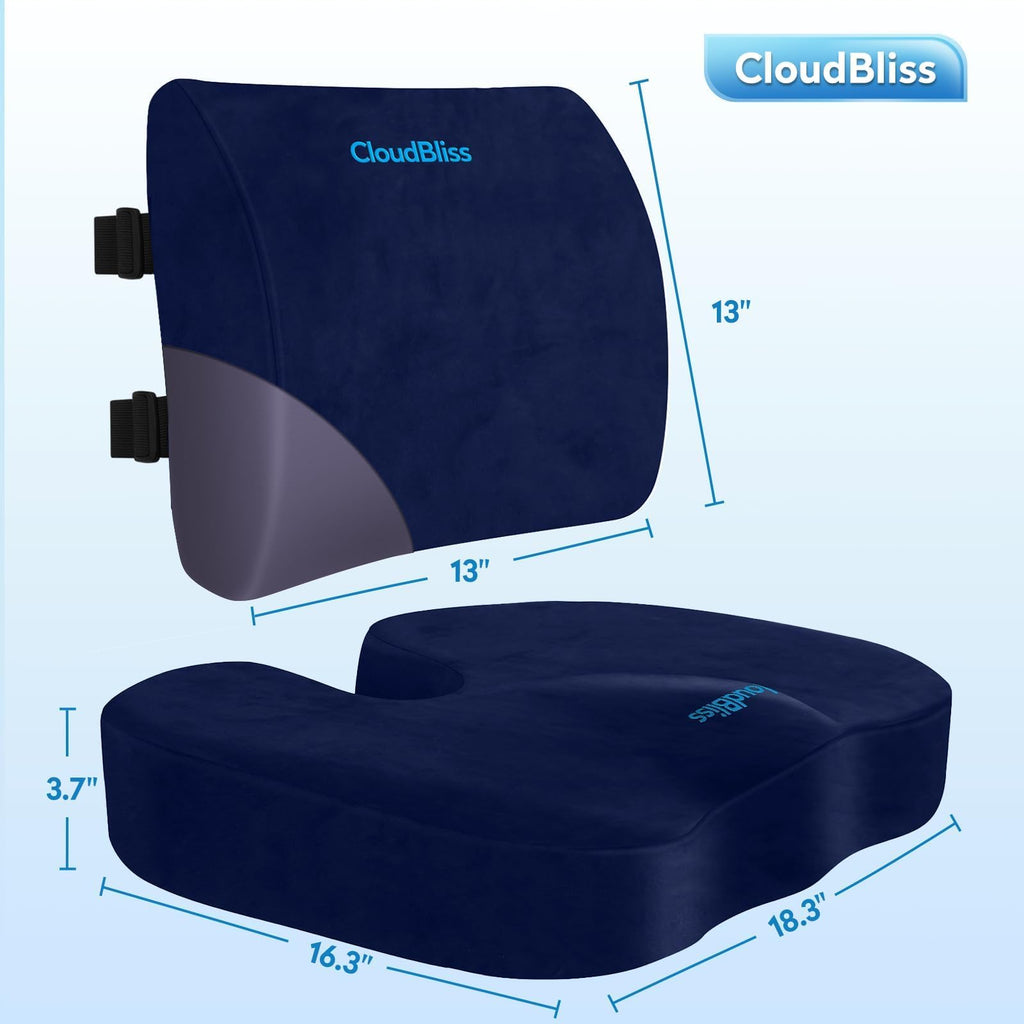 Lumbar Support Pillow & Seat Cushion Set for Office Chair, Desk Chair, Wheelchair & Car–Memory Foam Back Support,Ergonomic Chair Cushions, Sciatica Pain Relief,Home Essentials(Blue,XL)