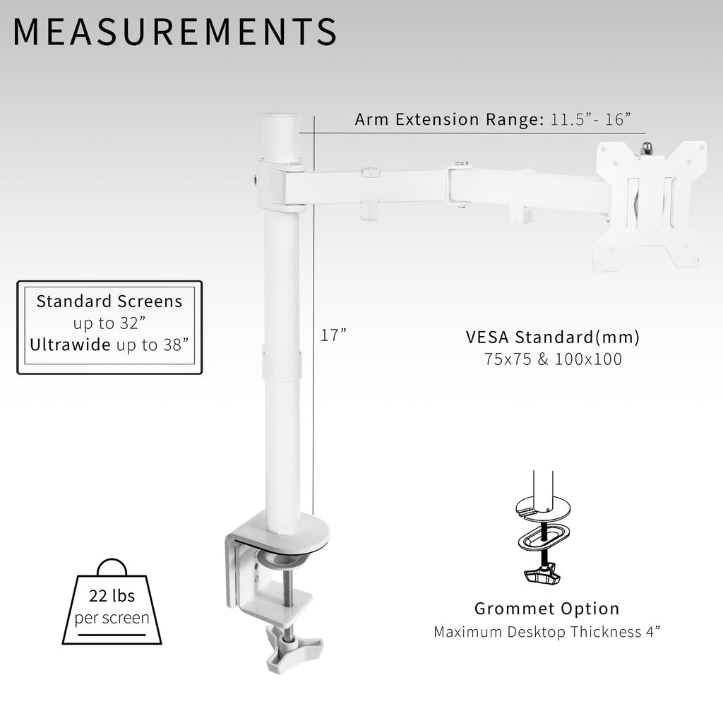 Single Monitor Arm Desk Mount, Holds Screens up to 32 inch Regular and 38 inch Ultrawide, Fully Adjustable Stand with C-Clamp and Grommet Base, VESA 75x75mm or 100x100mm, White, STAND-V001W