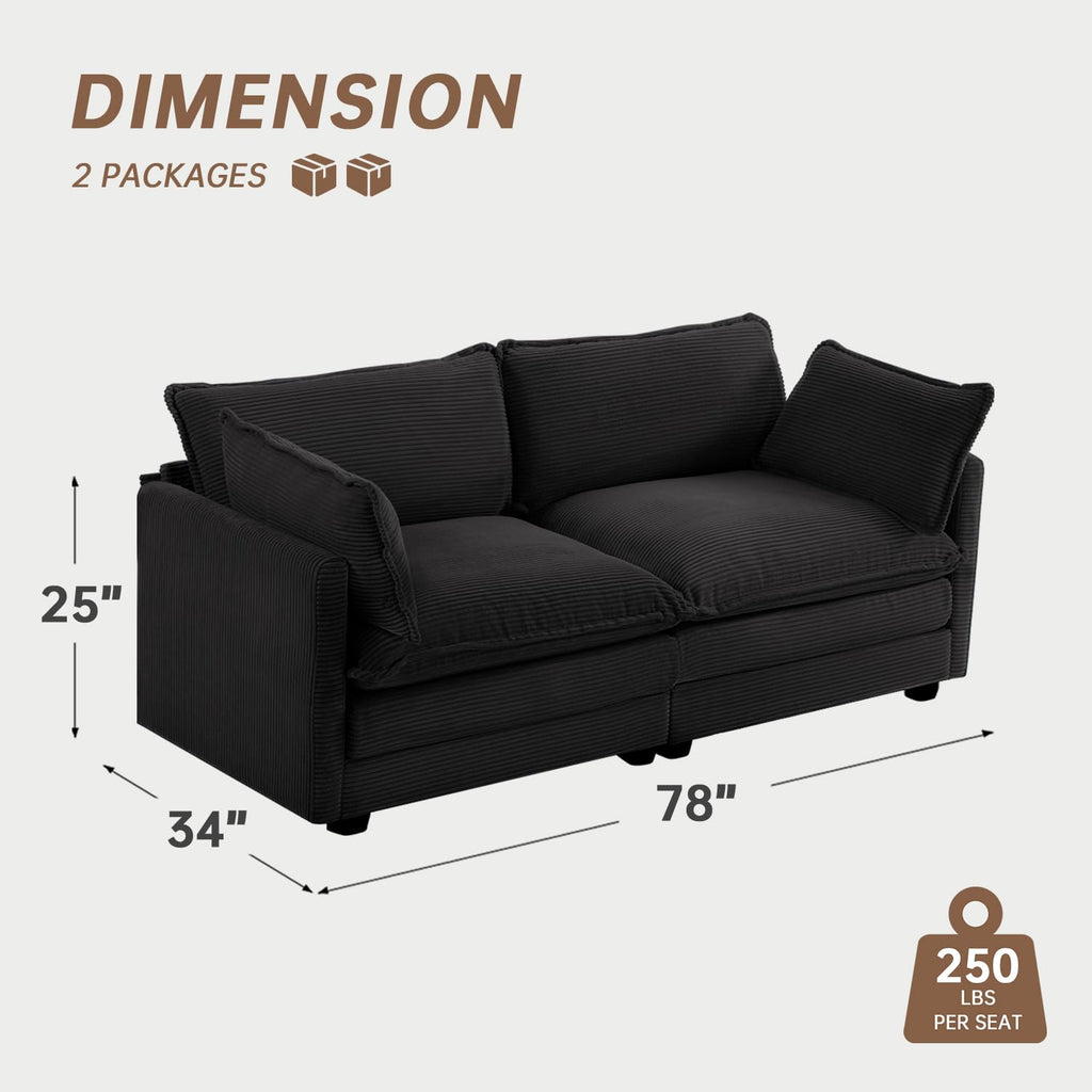 Sectional 2 Seat Cloud Loveseat with 2 Throw Pillows, Modern Corduroy Love Seat Sleeper Bed, Convertible Cozy Sofa for Living Room and Office, Black