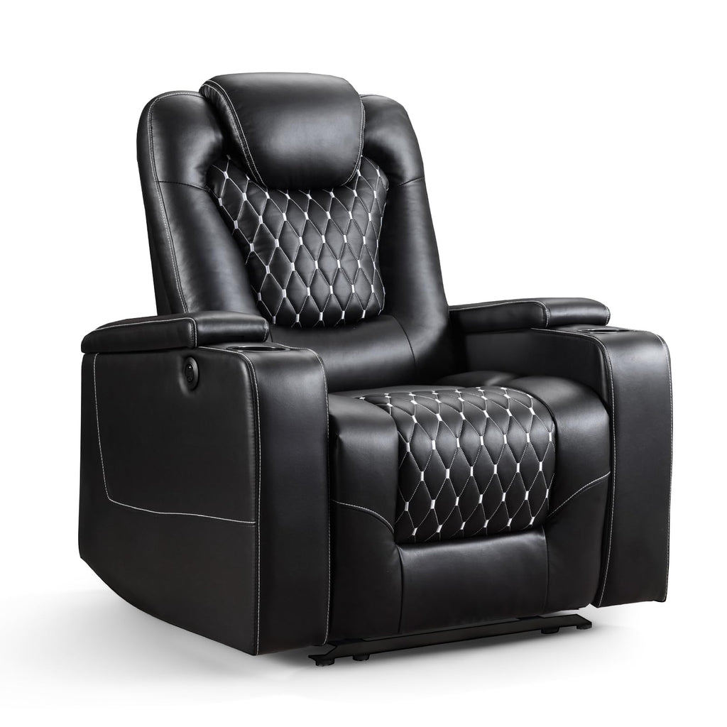 Power Recliner Chair with USB Ports and Cup Holders - Overstuffed Electric Home Theater Seating PU Leather Reclining Furniture with Hidden Arm Storage, Easy to Clean (Black)