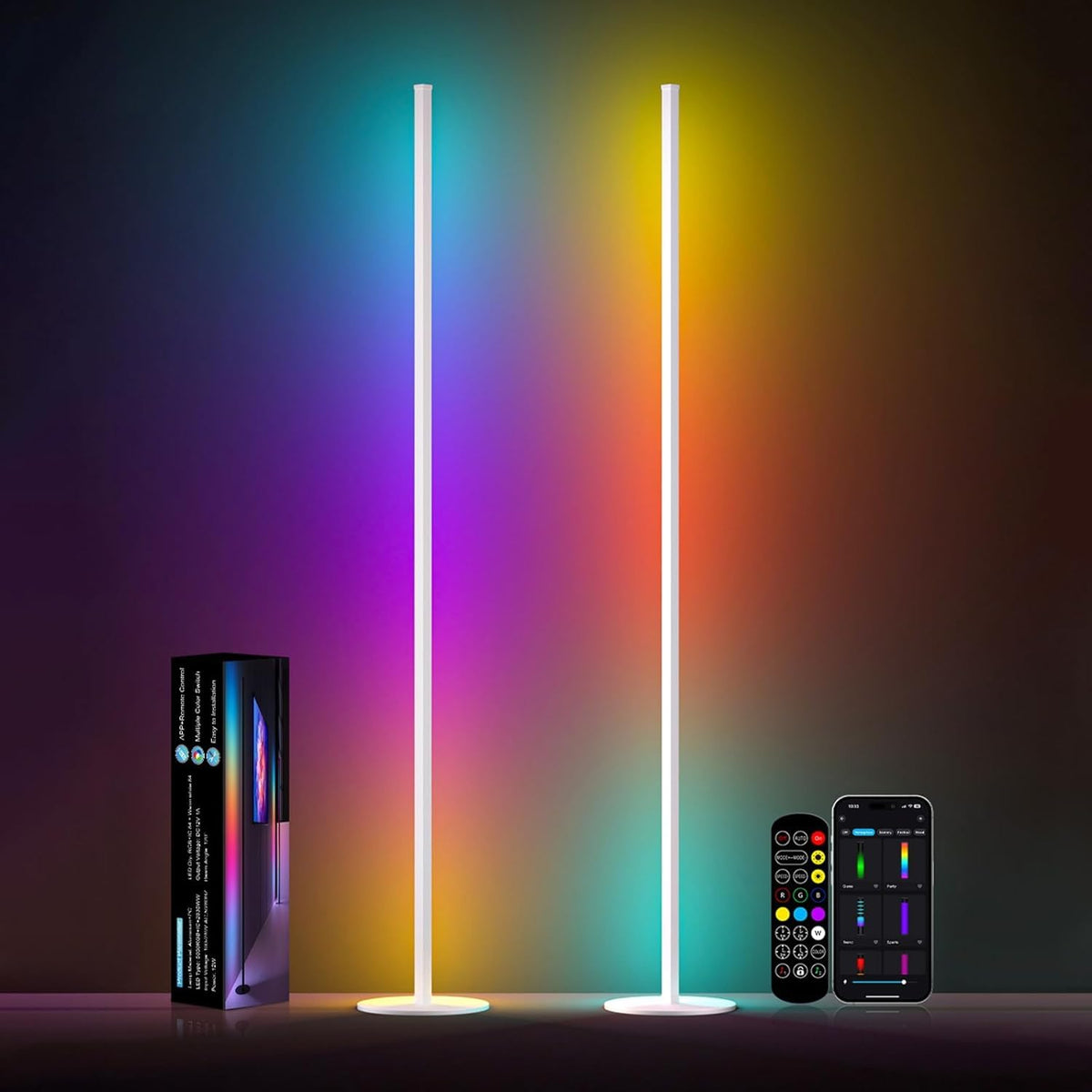 Corner Floor Lamp 2 Pack, 55" Minimalist Standing Lamp with Remote Control, Music Sync 16 Million Colors, Warm White Ambient Lighting, Color Changing LED Corner Lamp for Living Room Bedroom Gaming
