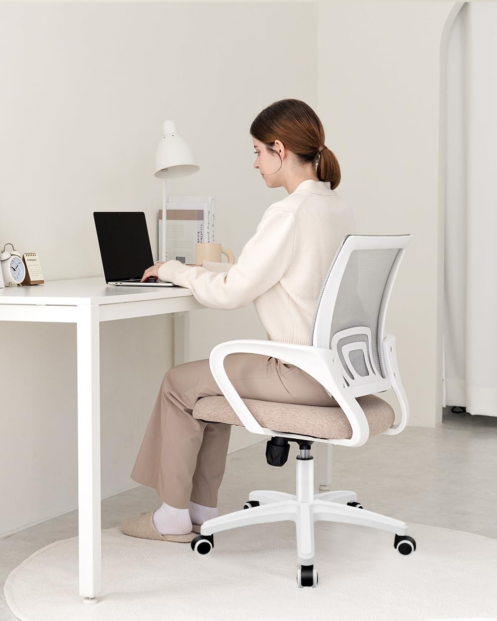 Office Desk Computer Chair Ergonomic Mesh Gaming Cushion Seat with Comfy Lumbar Mid Back Support Adjustable Height Swivel Rolling Wheels for Home Task (Beige)