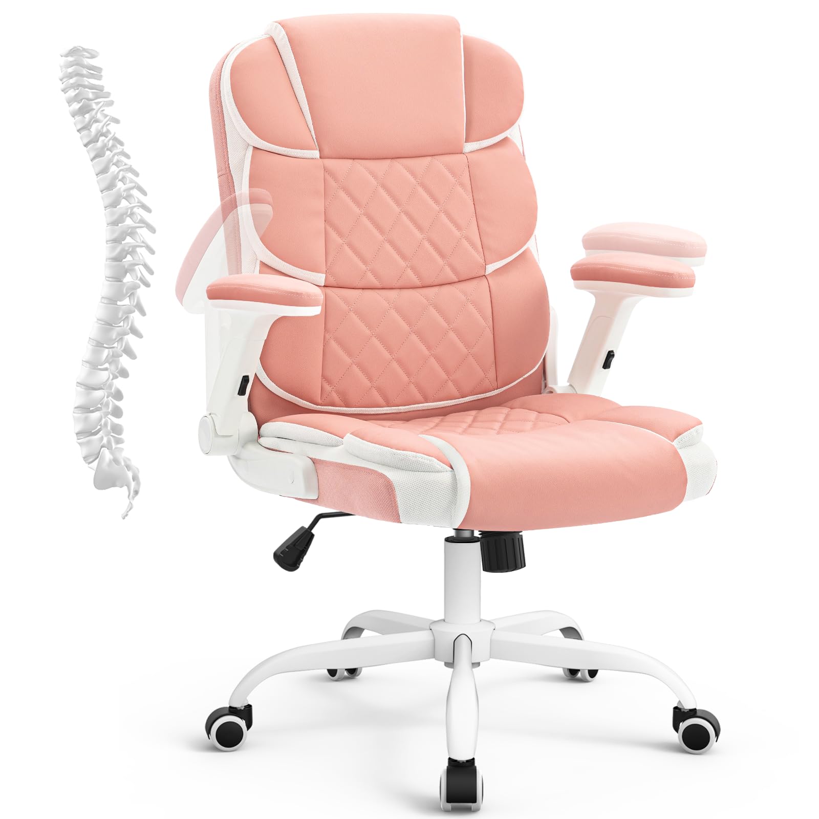 Pink Office Chair Ergonomic Desk Chair with Lumbar Support, Flip-Up Arms, Adjustable Swivel Computer Chair with Wheels, Comfortable PU Leather Cute Office Chair for Home Office Small Space