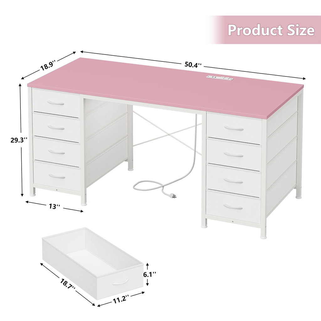 50 Inch Computer Desk with 8 Drawers, Home Office Desk with Power Outlets, Work Study Gaming Desk with 8 Fabric Drawers, Pink