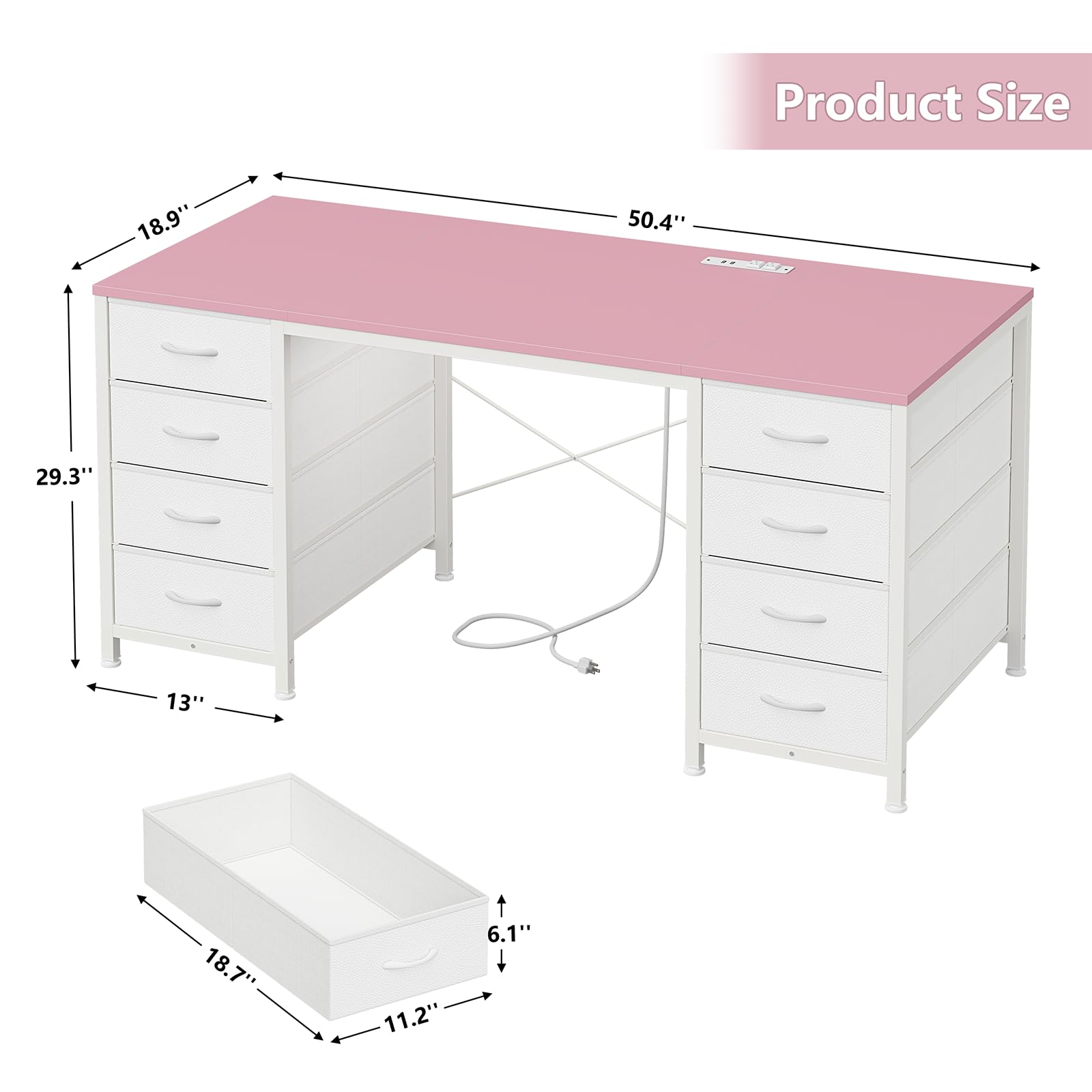 50 Inch Computer Desk with 8 Drawers, Home Office Desk with Power Outlets, Work Study Gaming Desk with 8 Fabric Drawers, Pink