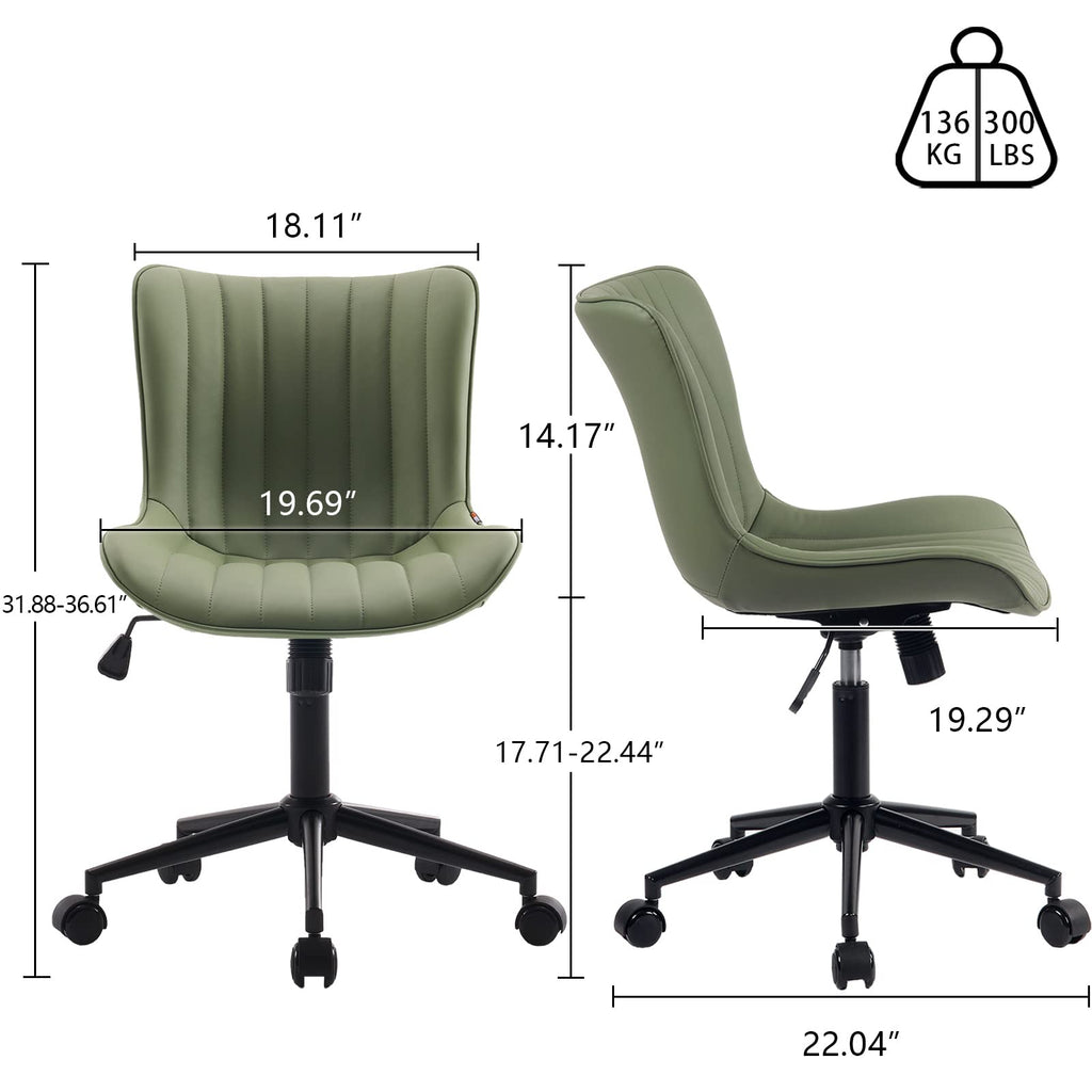Olive Green Office Desk Chair with Wheels Armless Compact Comfy Vanity Chair with Adjustable Back Modern Small Faux Leather Upholstered Swivel Rolling Computer Task Chair No Arms