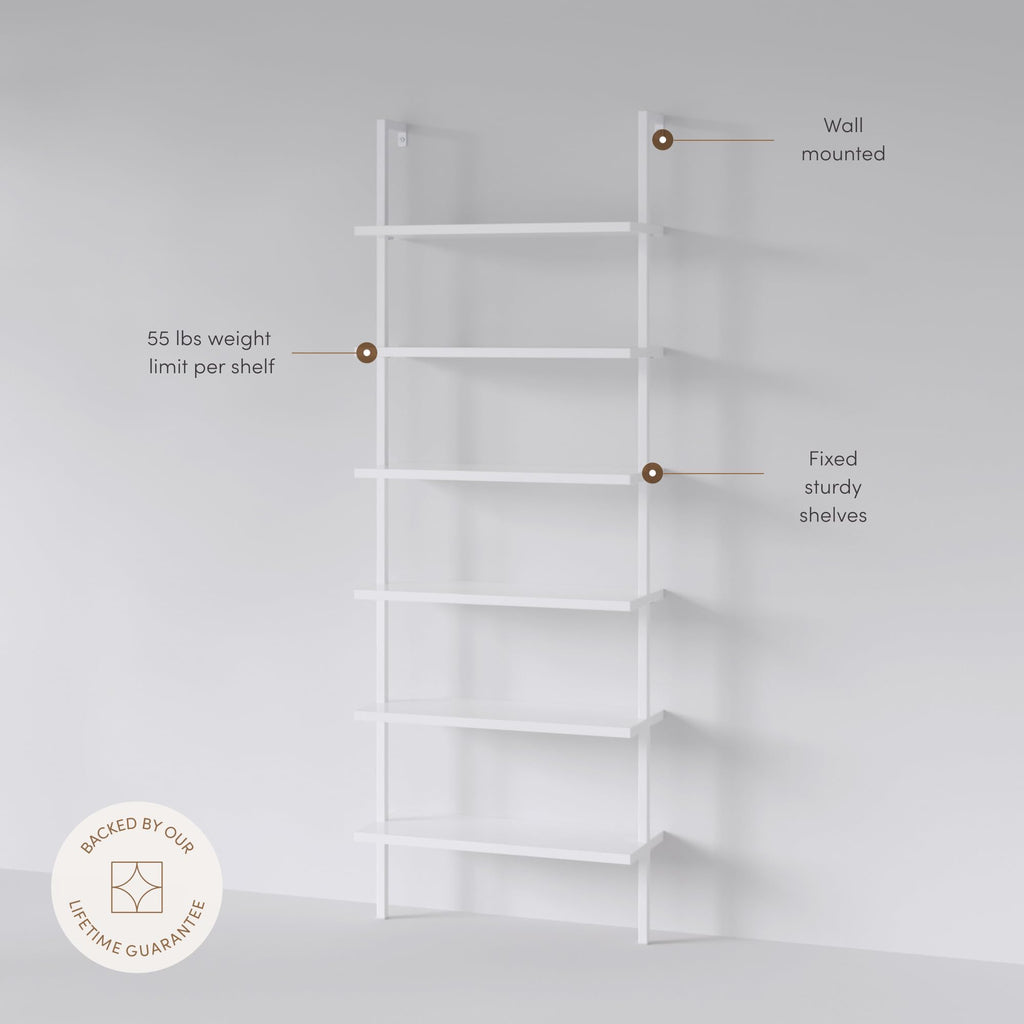 6-Shelf Tall Modern Bookshelf, Wall Mount Ladder Shelf Bookcase with Wood and Industrial Metal Frame, Matte White