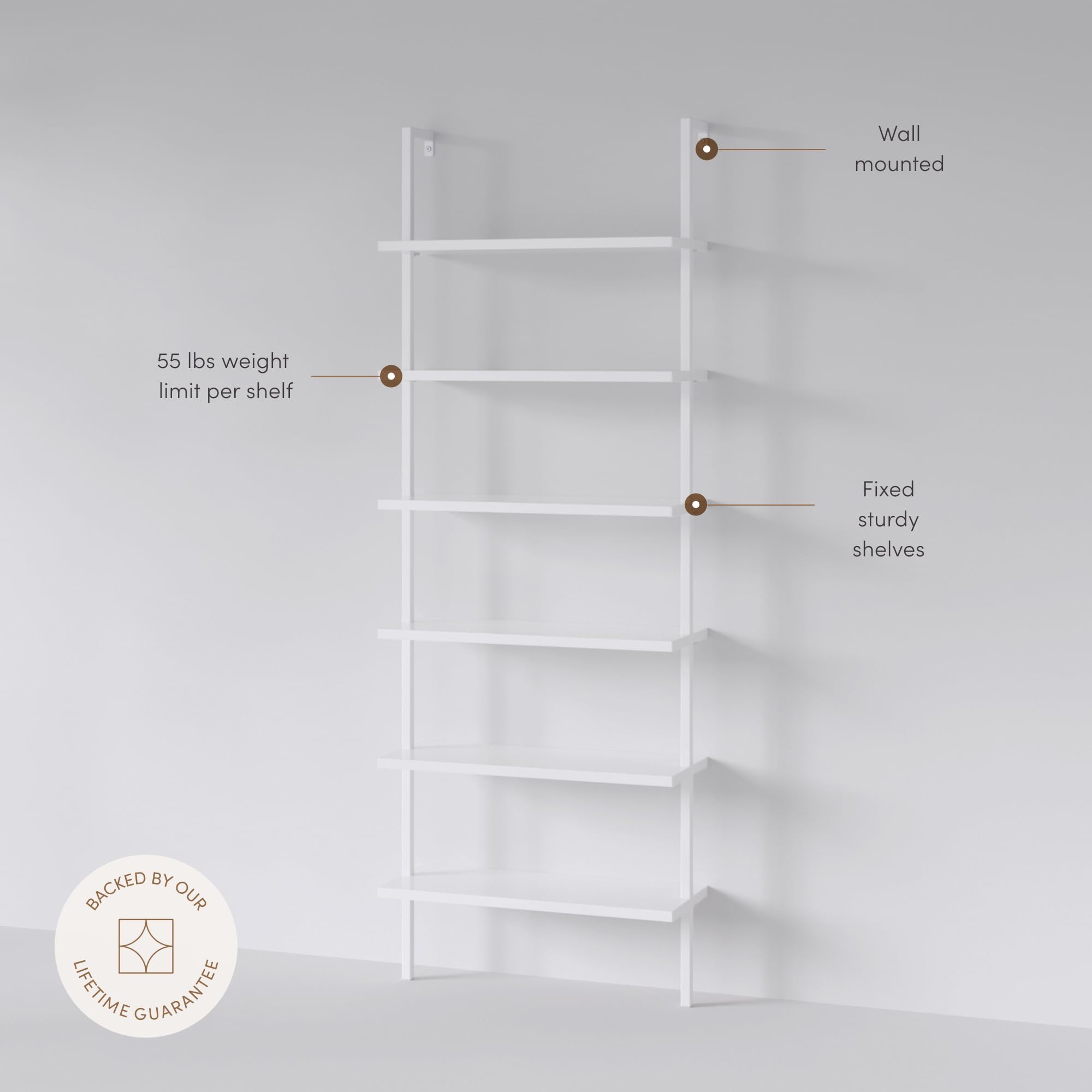 6-Shelf Tall Modern Bookshelf, Wall Mount Ladder Shelf Bookcase with Wood and Industrial Metal Frame, Matte White