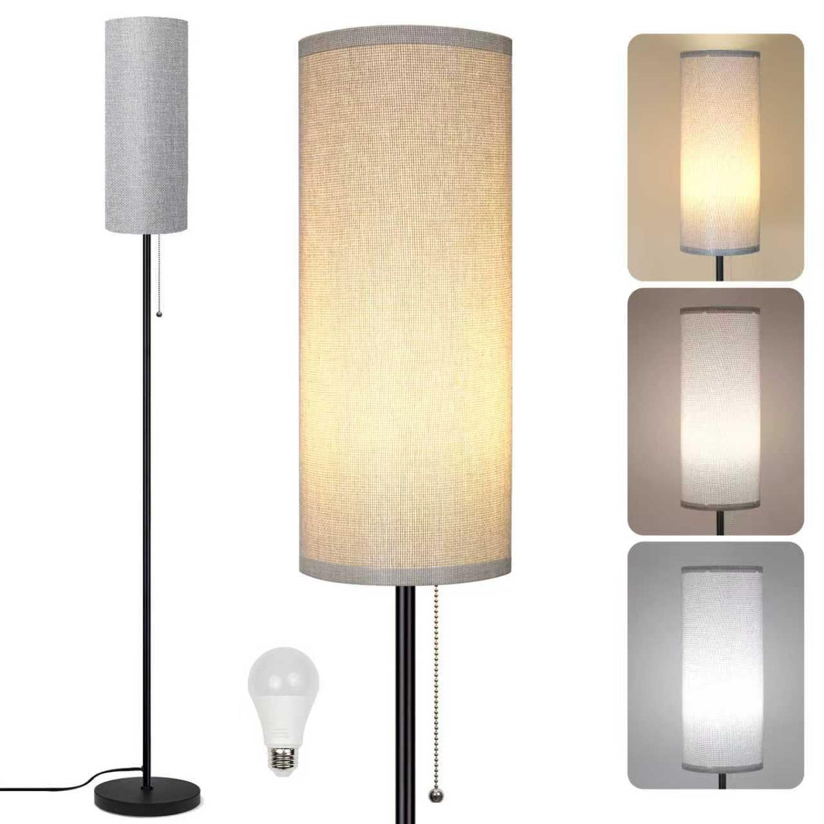 Floor Lamp for Living Room, Modern Standing Lamps with Lampshade, Minimalist Tall Lamp with Chain Switch for Living Room, LED Bulb Included (Gray Shade)