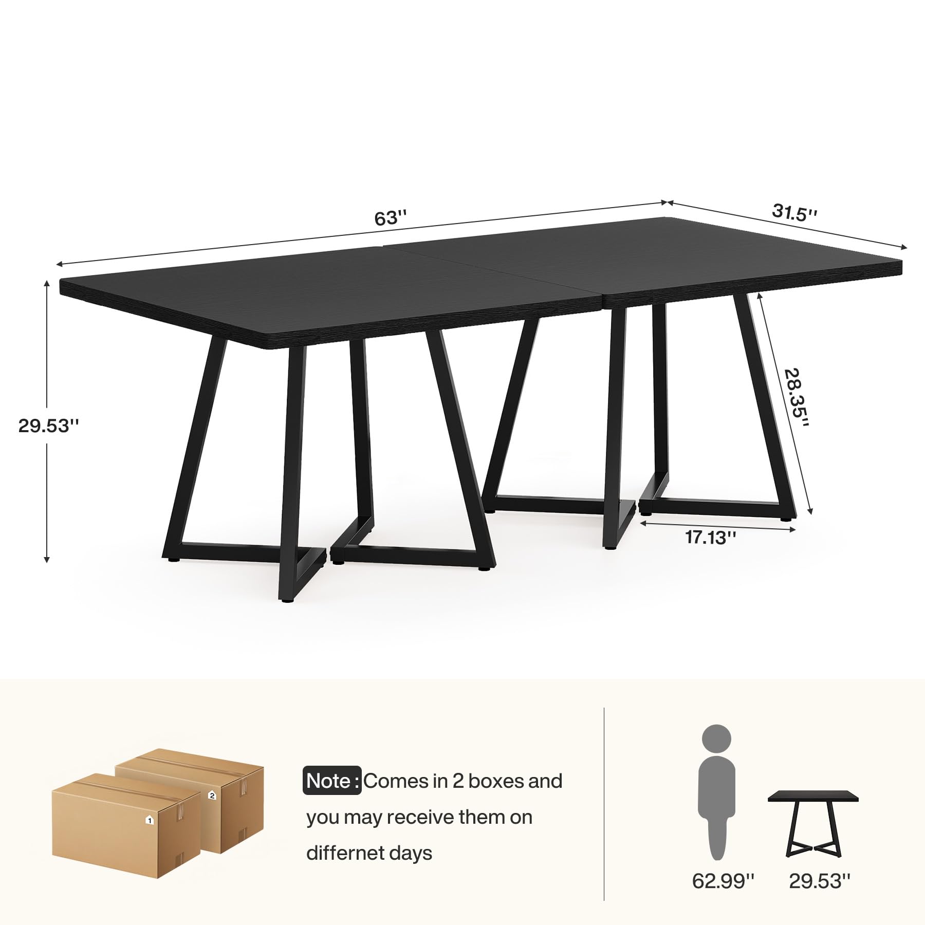 31.5" Square Conference Table Set of 2, 63" Industrial Office Meeting Table for 4-6 People, Business Podcast Furniture with Metal Base for Small Spaces, Office Conference, Black