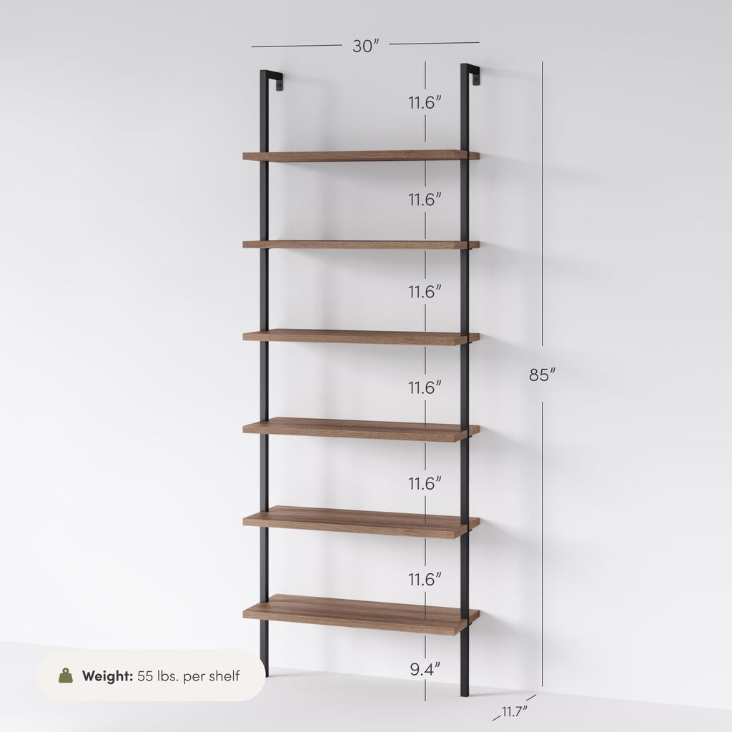 6-Shelf Tall Bookcase, Wall Mount Bookshelf with Reclaimed Wood and Industrial Metal Frame, Oak/Black