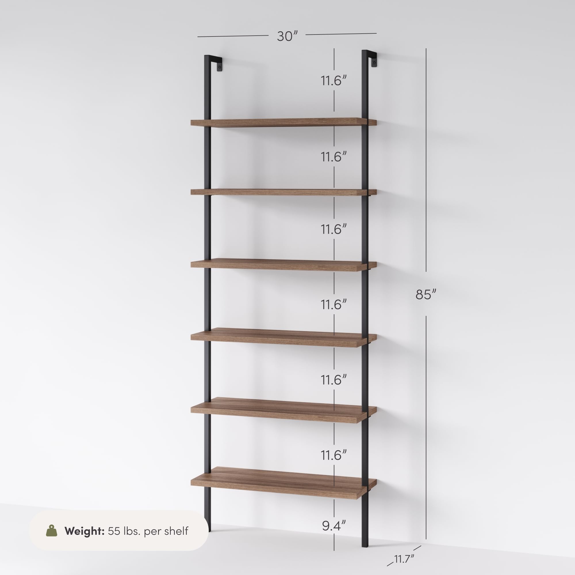 6-Shelf Tall Bookcase, Wall Mount Bookshelf with Reclaimed Wood and Industrial Metal Frame, Oak/Black