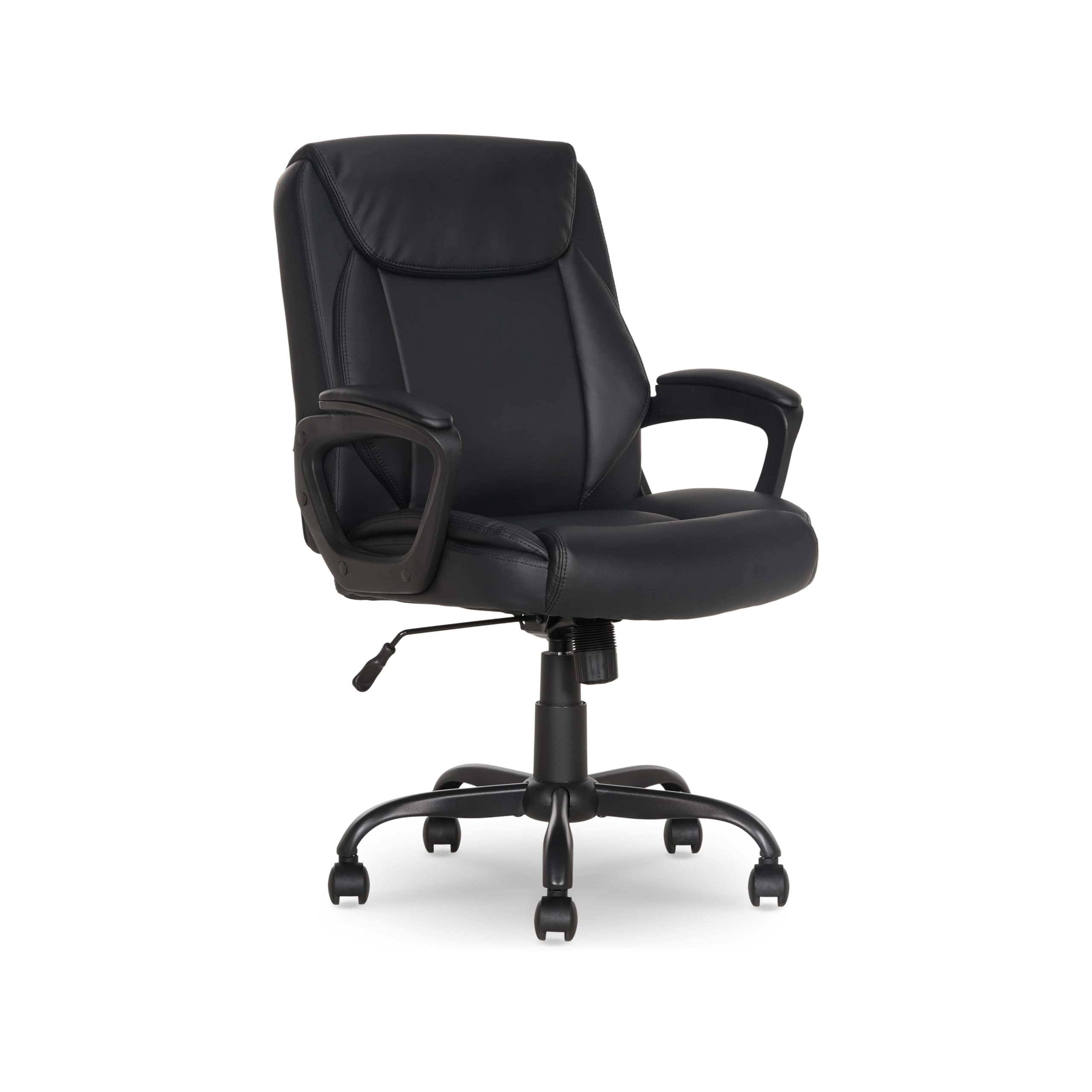 Classic Puresoft PU Padded Mid-Back Office Desk Chair with Armrest, Easy Assembly, Sturdy Metal Base, Wheels, 275lb Support, 26"D x 23.75"W x 42"H, Black