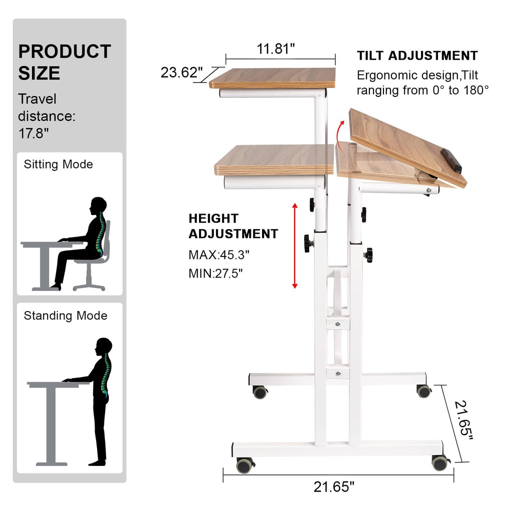 Mobile Standing Desk with Charging Station, Adjustable Standing Computer Desk, Standing Adjustable Laptop Cart with Wheels for Home Office Classroom Vintage Oak