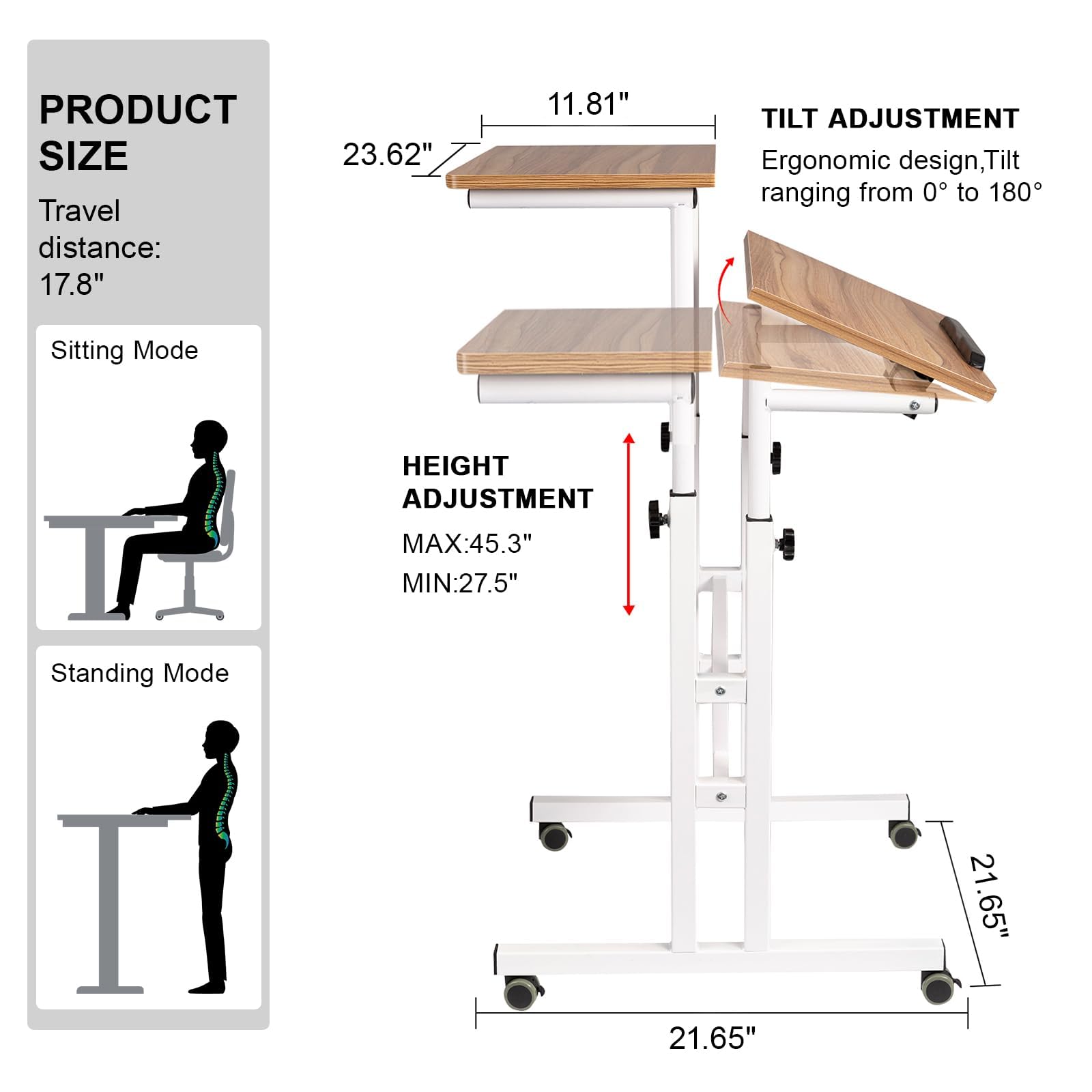 Mobile Standing Desk with Charging Station, Adjustable Standing Computer Desk, Standing Adjustable Laptop Cart with Wheels for Home Office Classroom Vintage Oak