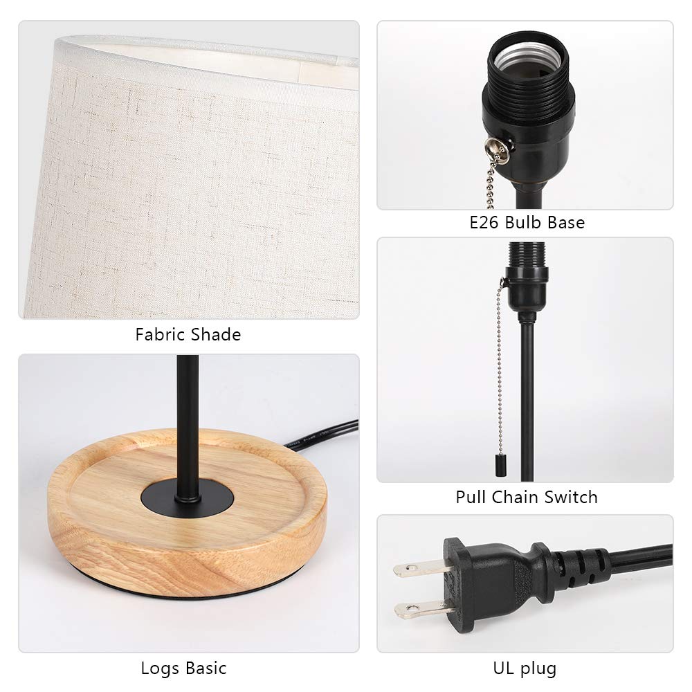 Bedside Table Lamp - Modern Nightstand Lamp with Linen Fabric Shade Wooden Desk Lamps for Bedrooms, Office, College Dorm, Dinning Room, Girls Room - 16 Inches (HT-AD005)