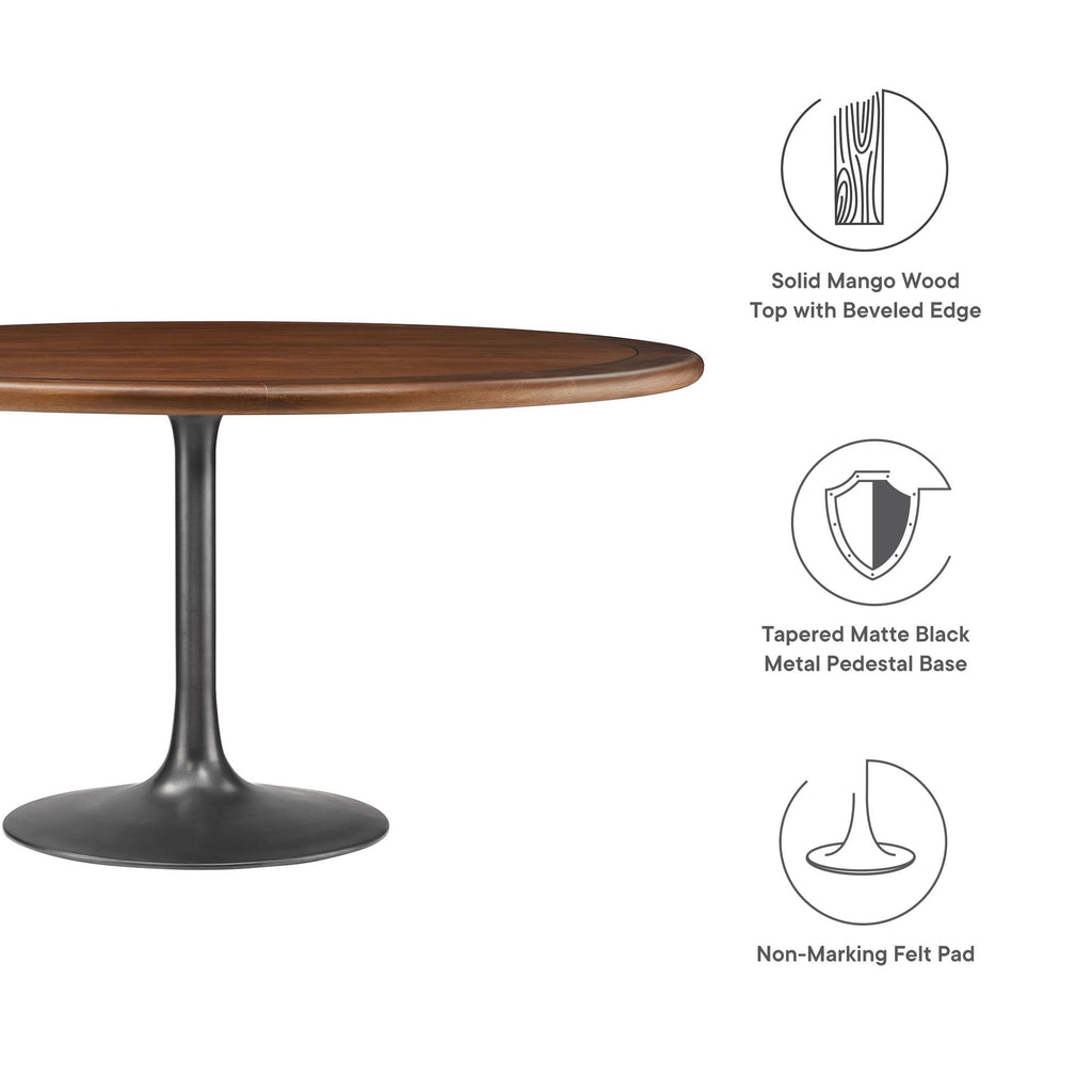 Modway Lippa 60 Inch Round Wood Dining Table with Metal Pedestal in Black Walnut - Modern Industrial Dining Table for 6 People - Solid Wood Tulip Kitchen Table