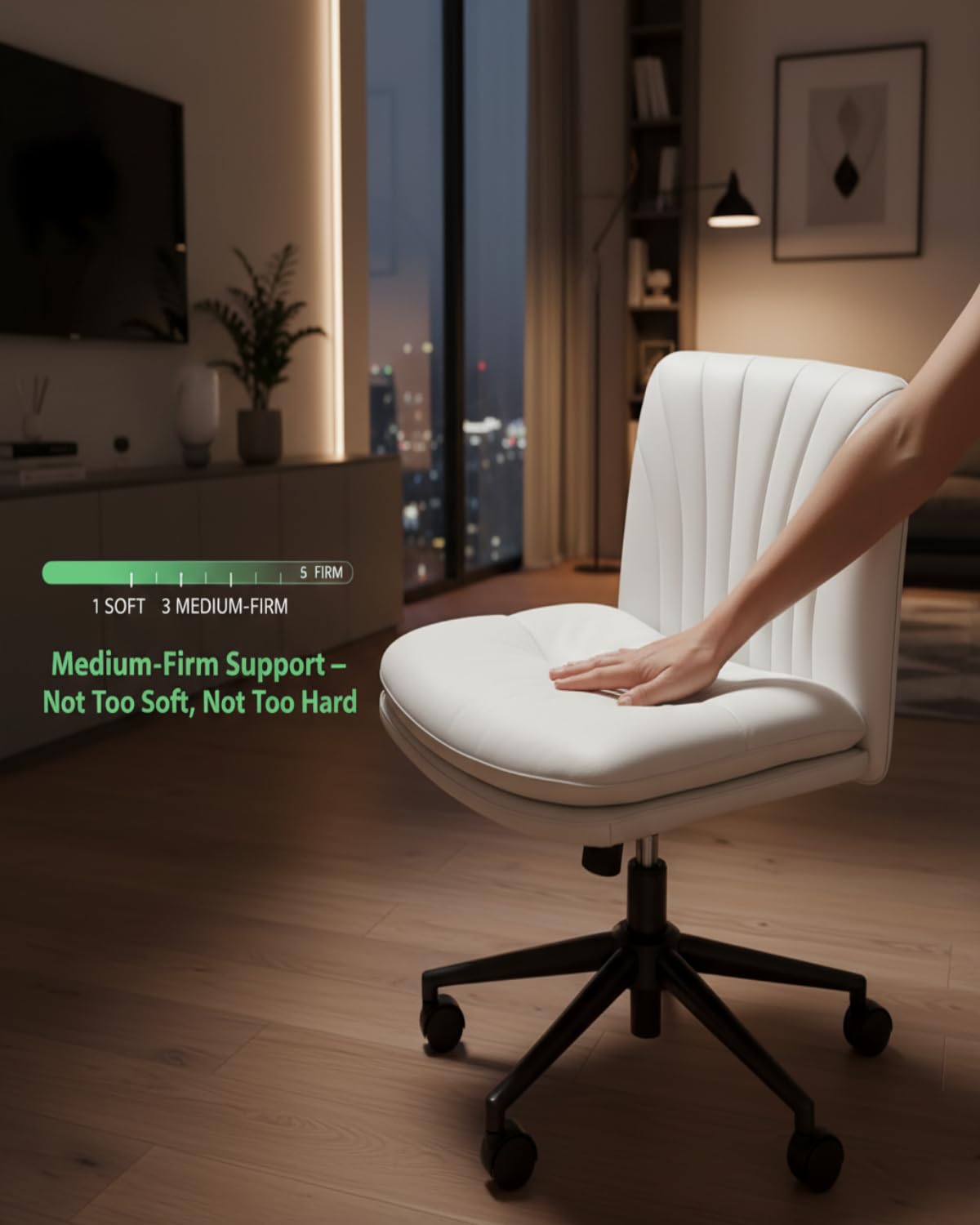 Criss Cross Office Chair with Wheels, Armless Wide Desk Chair for Active Sitting, PU Leather Cross Legged Chair for Home Office, Pet-Friendly & Easy Clean, Beige