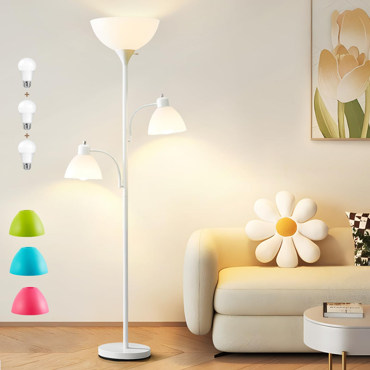 White Floor Lamp, 72" Tall Standing Floor Lamp with 5 Replace Lampshades
