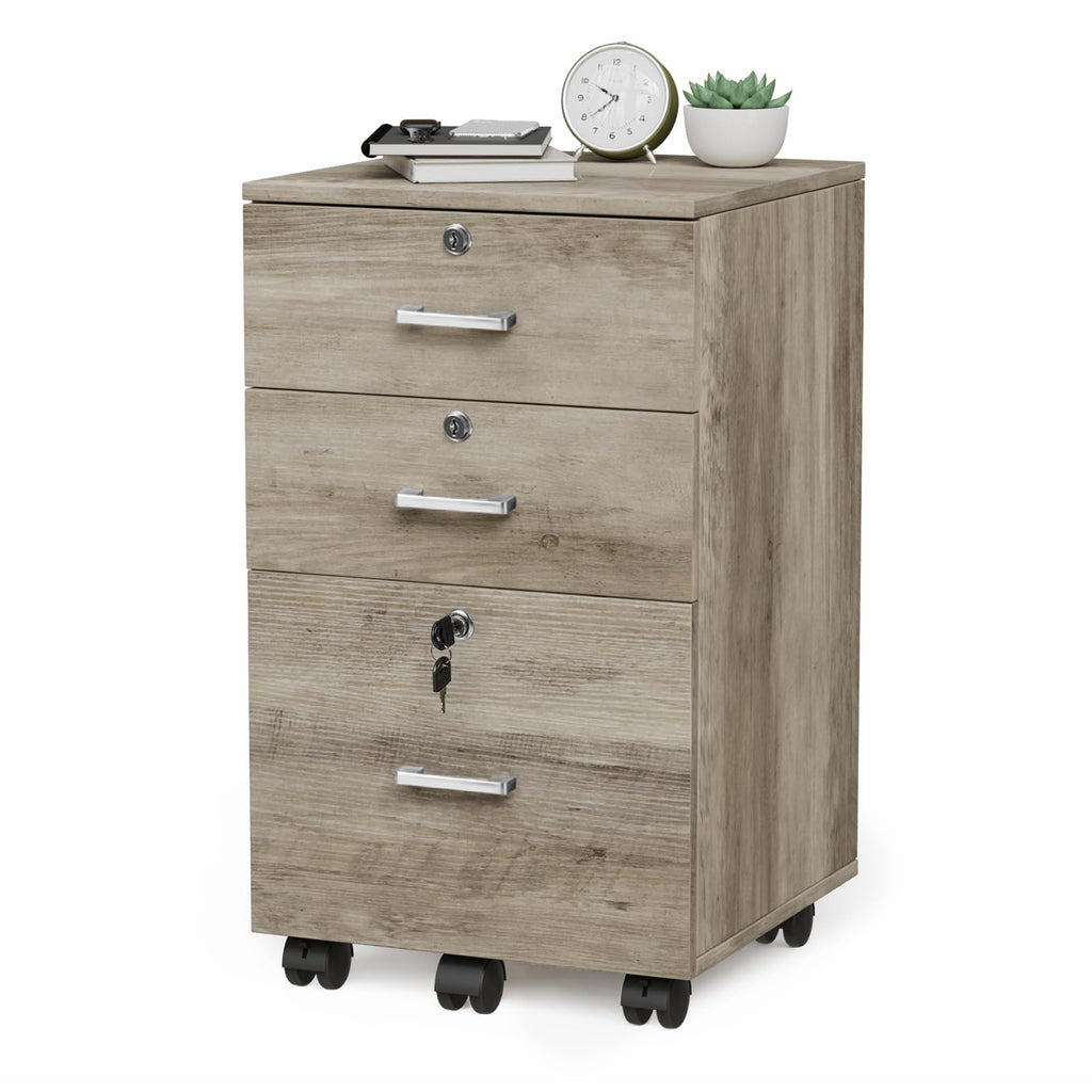 3-Drawer File Cabinet with Lock, Wood Rolling Under Desk File Cabinets for Home Office, Mobile Printer Stand & Filing Organizer for Letter Sized Files, 26" H(Caster Included), Rustic Gray