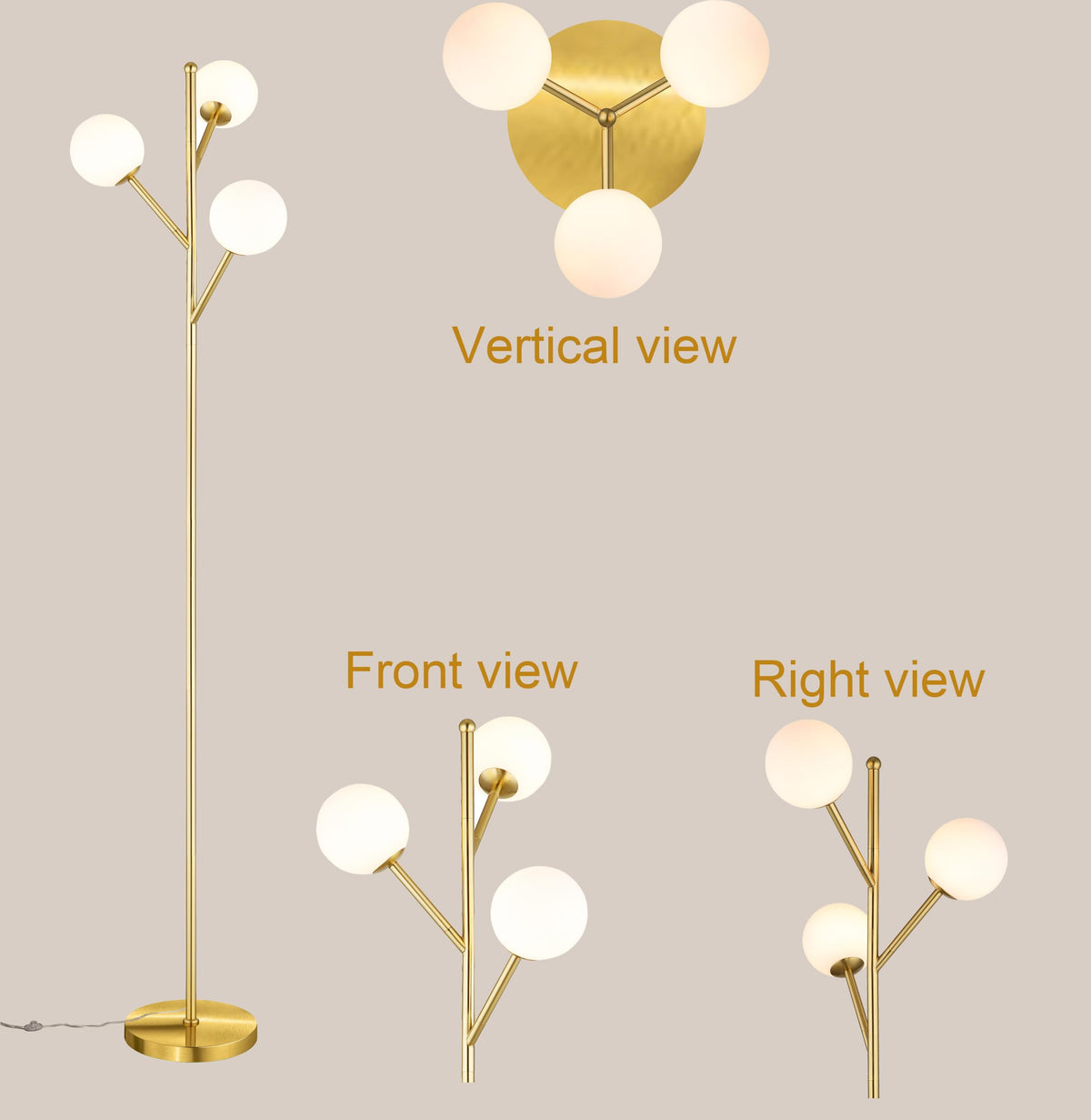 Globe Mid Century Tree Floor Lamp with 3 Light Bulbs,70in Tall Standing Glod Floor Lamp with Frosted Glass Shade for Living Room,Office,Bedroom, Study Room, Hotel, Antique Brass Lighting