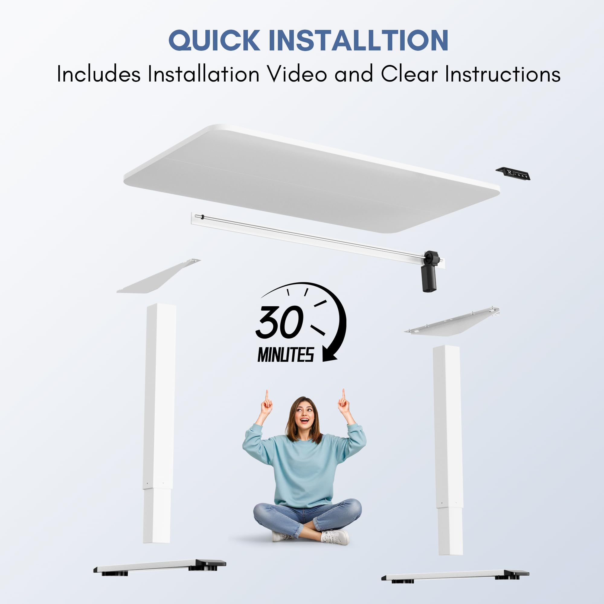 Electric Height Adjustable Standing Desk Large 48 x 24 Inches Sit Stand up Desk Home Office Computer Desk Memory Preset with T-Shaped Metal Bracket, White