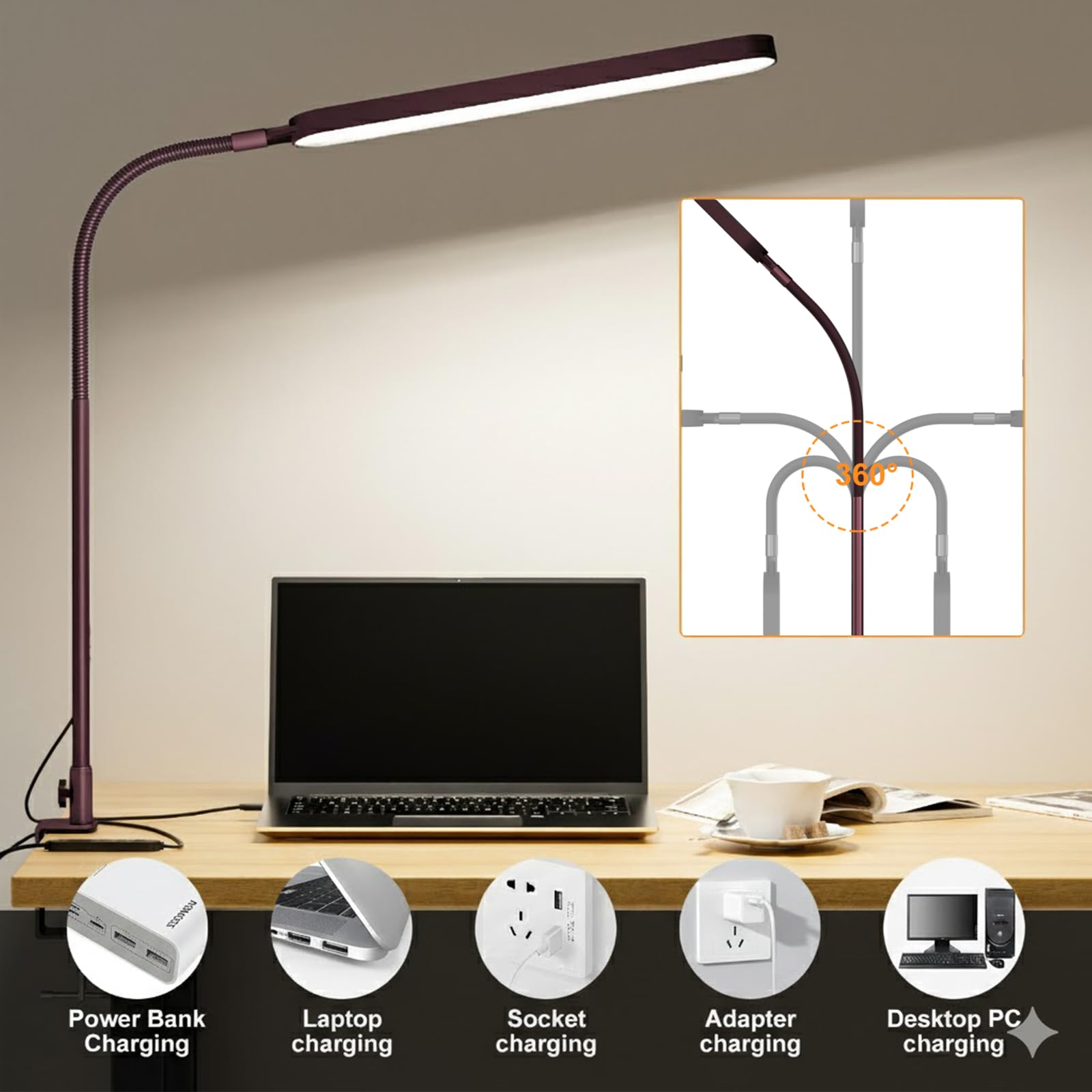 LED Desk Lamp - Desk Light for Office - Flexible Gooseneck - 5 Color Modes X 11 Brightness Levels - 1300LM - Timmer & Memory Function - 12W Clip on Light - Red