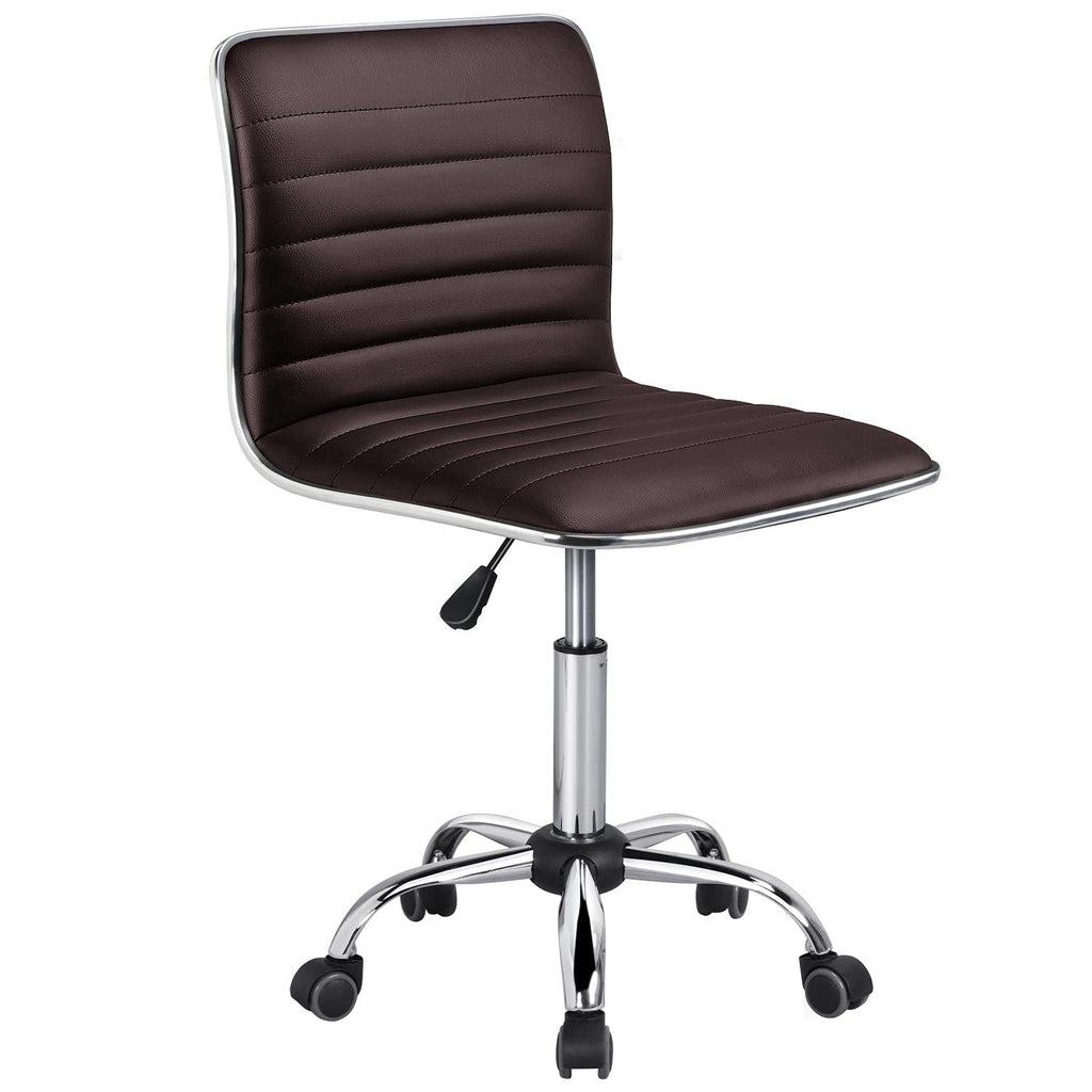Modern PU Leather Ribbed Armless Working Office Chair Adjustable Low-Back Comfy Desk Task Chair w/Rolling Wheels, Brown