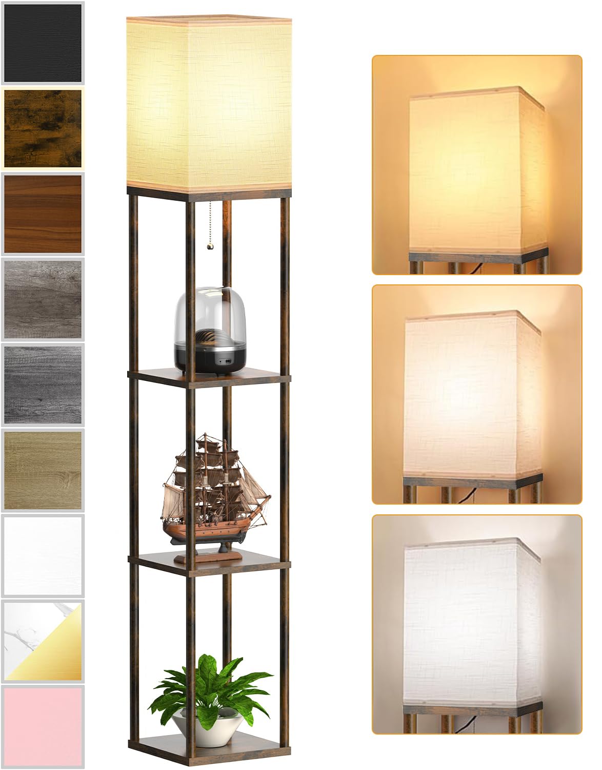 Floor Lamp with Shelves for Living Room Brown, Shelf Floor Lamp with 3 CCT LED Bulb, Corner Display Standing Column Lamp Etagere Organizer Tower Nightstand with White Linen Shade for Bedroom