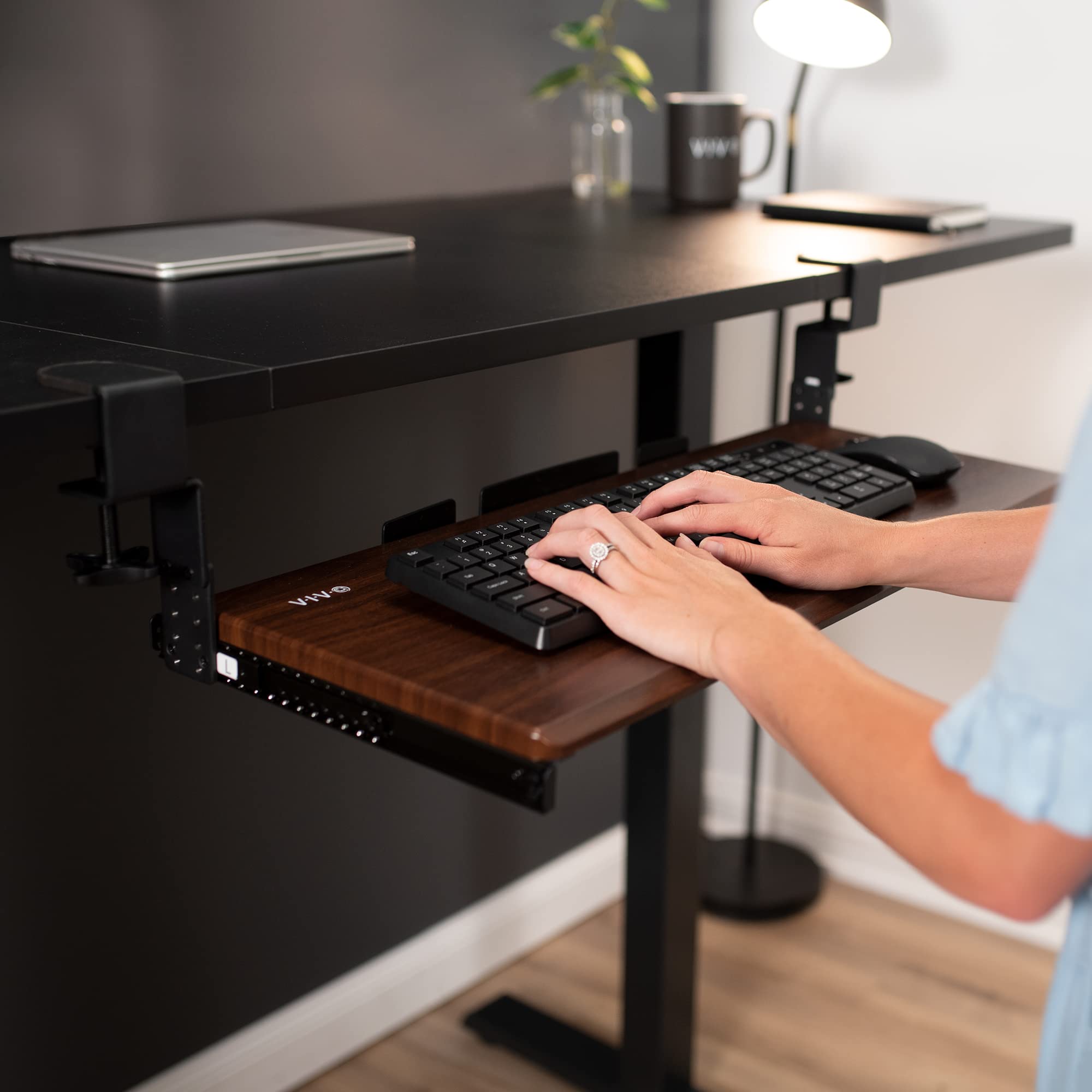 Large Height Adjustable Under Desk Keyboard Tray, C-clamp Mount System, 27 (33 Including Clamps) x 11 inch Slide-Out Platform Computer Drawer for Typing, Dark Walnut, MOUNT-KB05HD