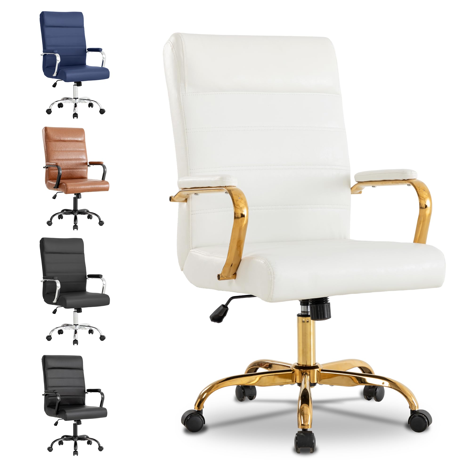 White and Gold Office Desk Chair, Modern Leather Conference Room Chairs, High Back Ergonomic Home ofiice Chair, Adjustable Height Swivel Executive Computer Chair with Padded Seat and Armrest