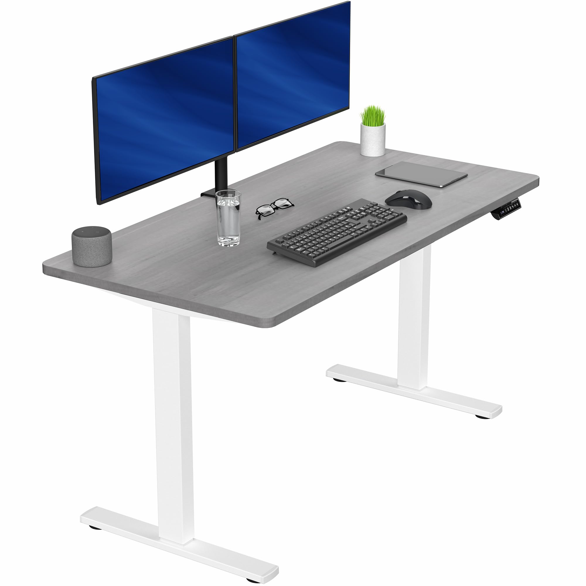 Electric 55 x 28 in Standing Desk, Memory Height Adjustment, 1B Series, Holds 220 lbs, One-Piece Dark Gray Top, White Frame