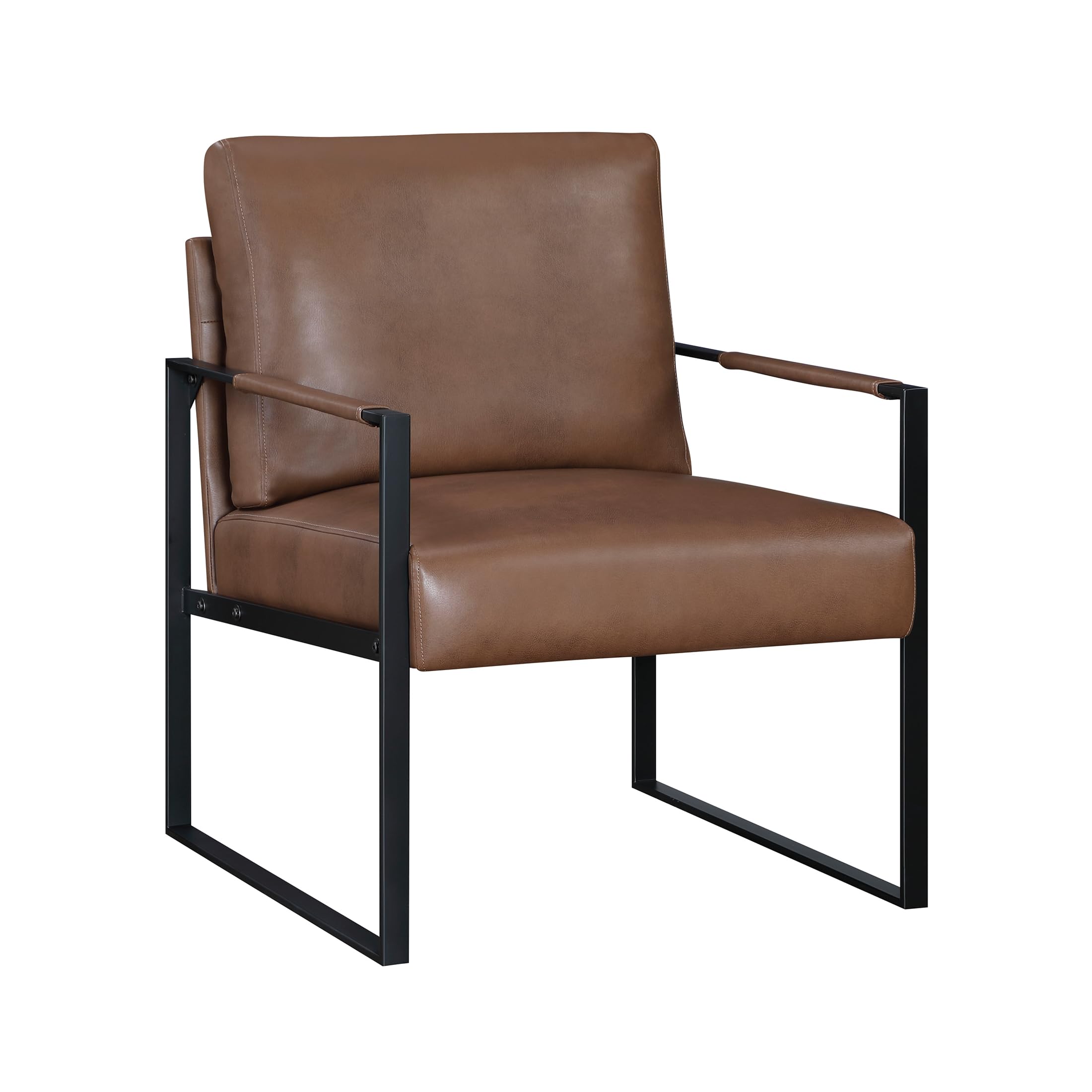 Modern Accent Chair, Faux Leather Upholstered Chair with Wrapped Armrests, Arm Chair with Black Metal Frame, Comfy Single Chair for Living Room/Bedroom/Reading Room/Office, Brown
