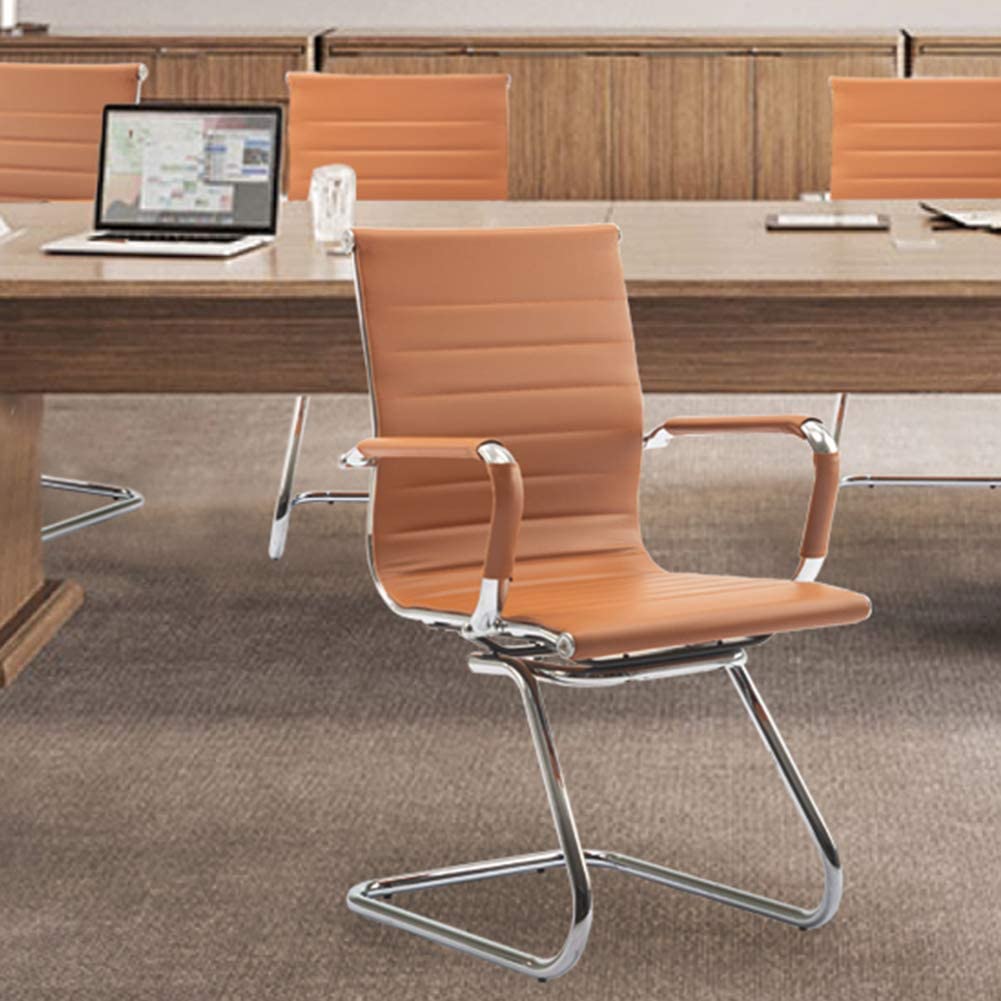 Office Desk Chair Set of 4,No Wheels PU Leather Computer Chairs Mid Back Guest Chairs with Seld Base for School/Reception/Conference/Waiting Room, Terracotta