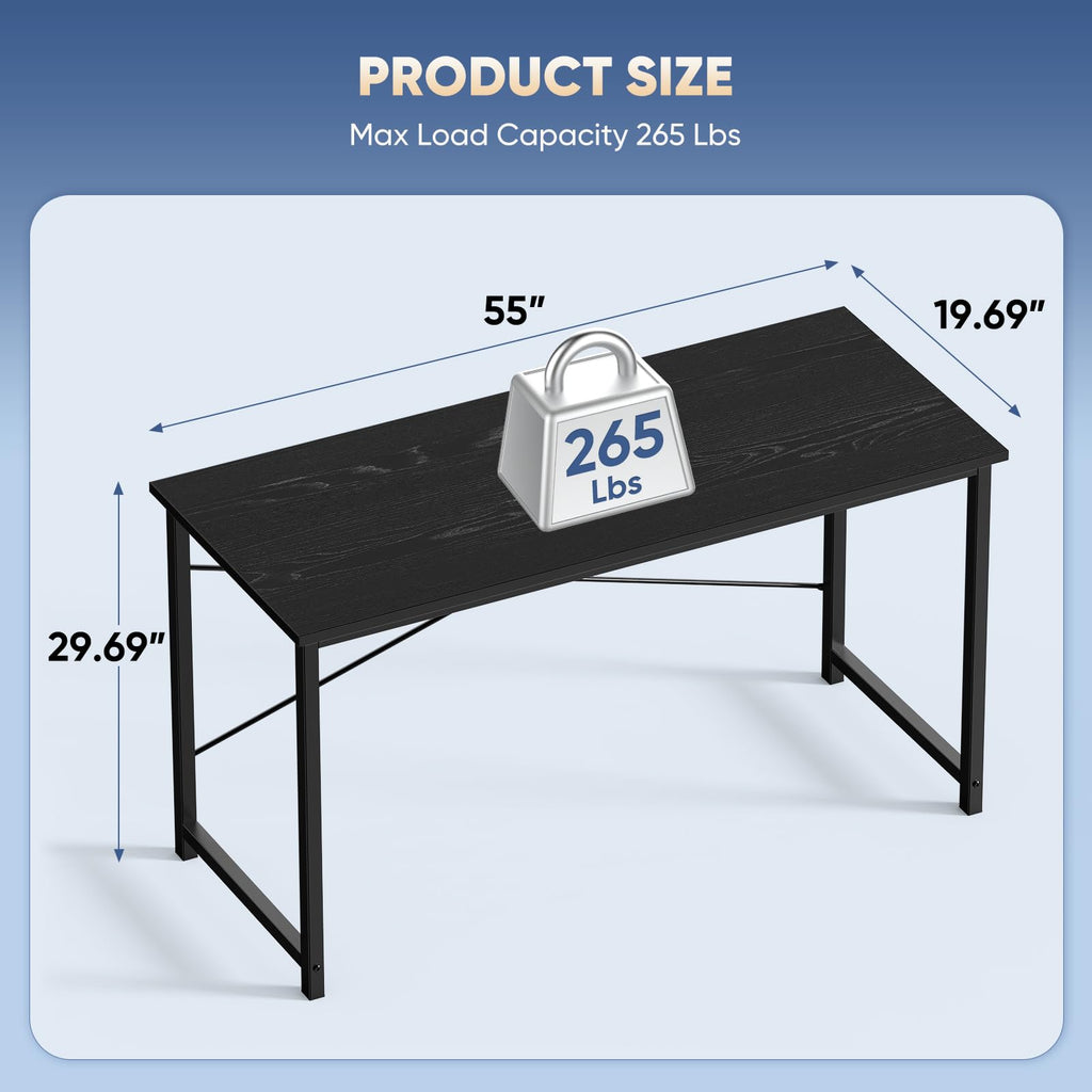 55 Inch Computer Desk for Home Office, Modern Study Work Table Simple Style for Bedroom Small Space, Large Writing Desks with X-Shaped Reinforcement, Black