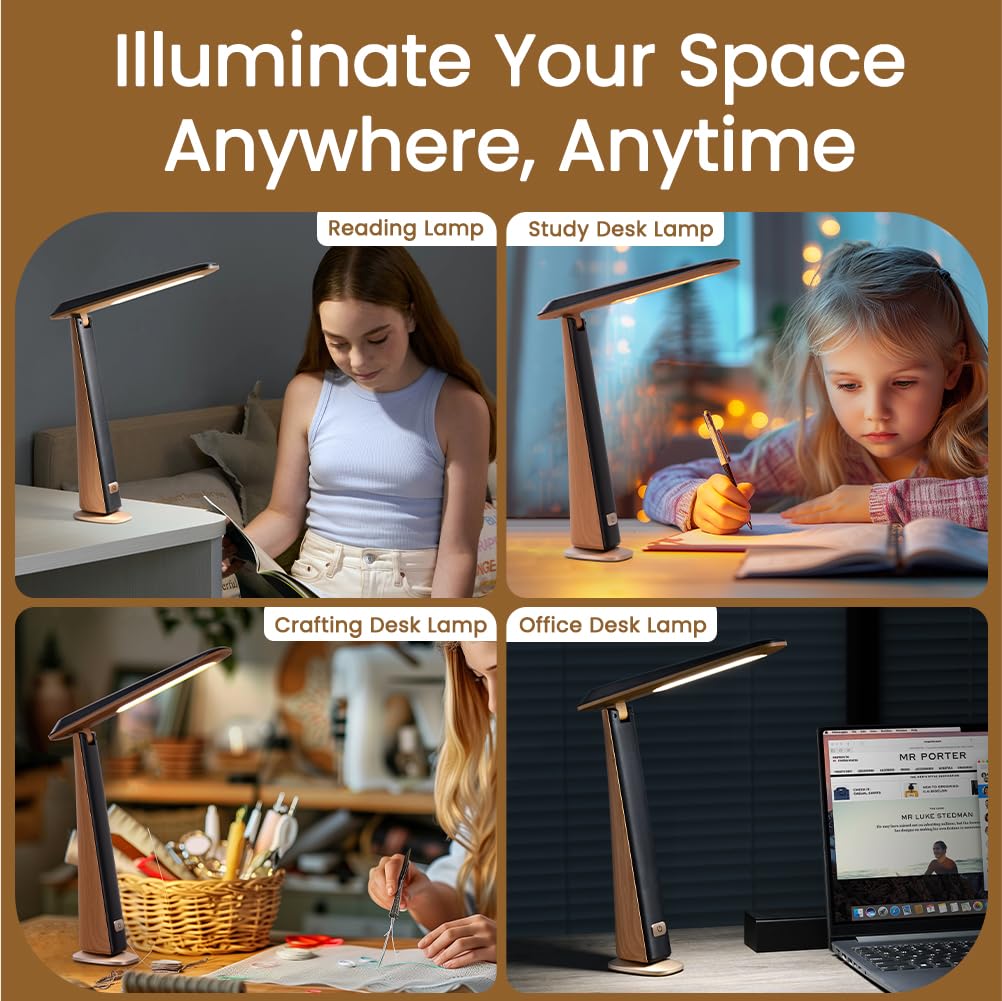 Foldable Portable Desk Lamp,Battery Operated Rechargeable Lamps Cordless,Eye-Caring LED Table Lamp with 3 Color Temperatures,Stepless Brightness,Desk Lamps for Office Home College Essentials