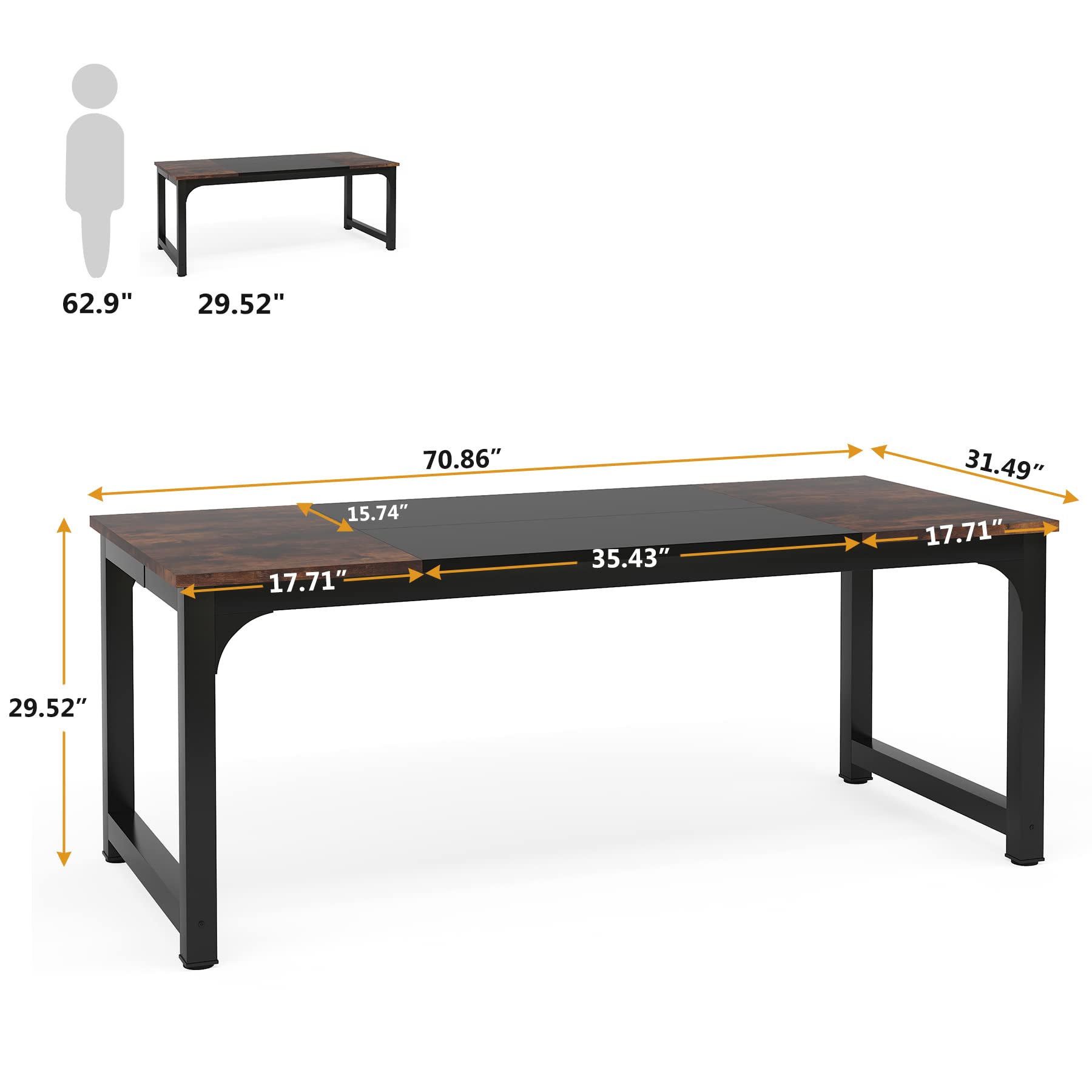 70.8”Executive Desk, Large Office Computer Desk with Thicken Frame, Modern Simple Workstation Business Furniture for Home Office, Rustic Brown/Black