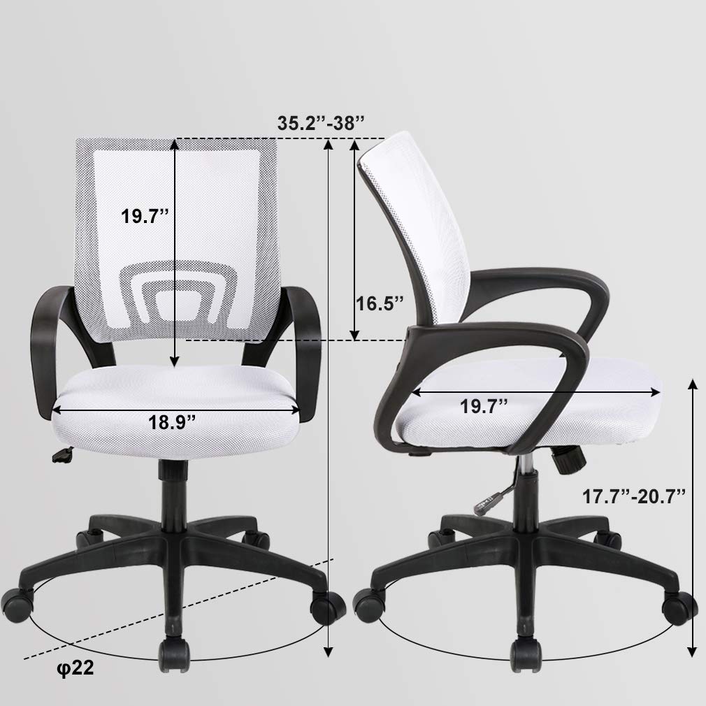 Ergonomic Office Chair | Mid-Back Swivel Desk Chair | Breathable Backrest & Lumbar Support | Adjustable Height | Sponge Seat | Rolling Wheels | White | for Adults & Women | Pack of 2
