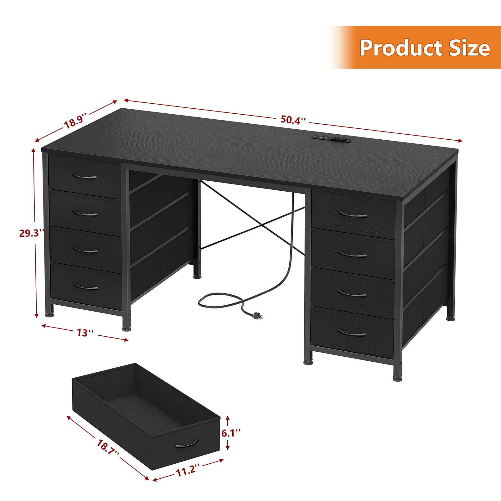 50 Inch Computer Desk with 8 Drawers, Home Office Desk with Power Outlets, Work Study Gaming Desk with 8 Fabric Drawers, Black