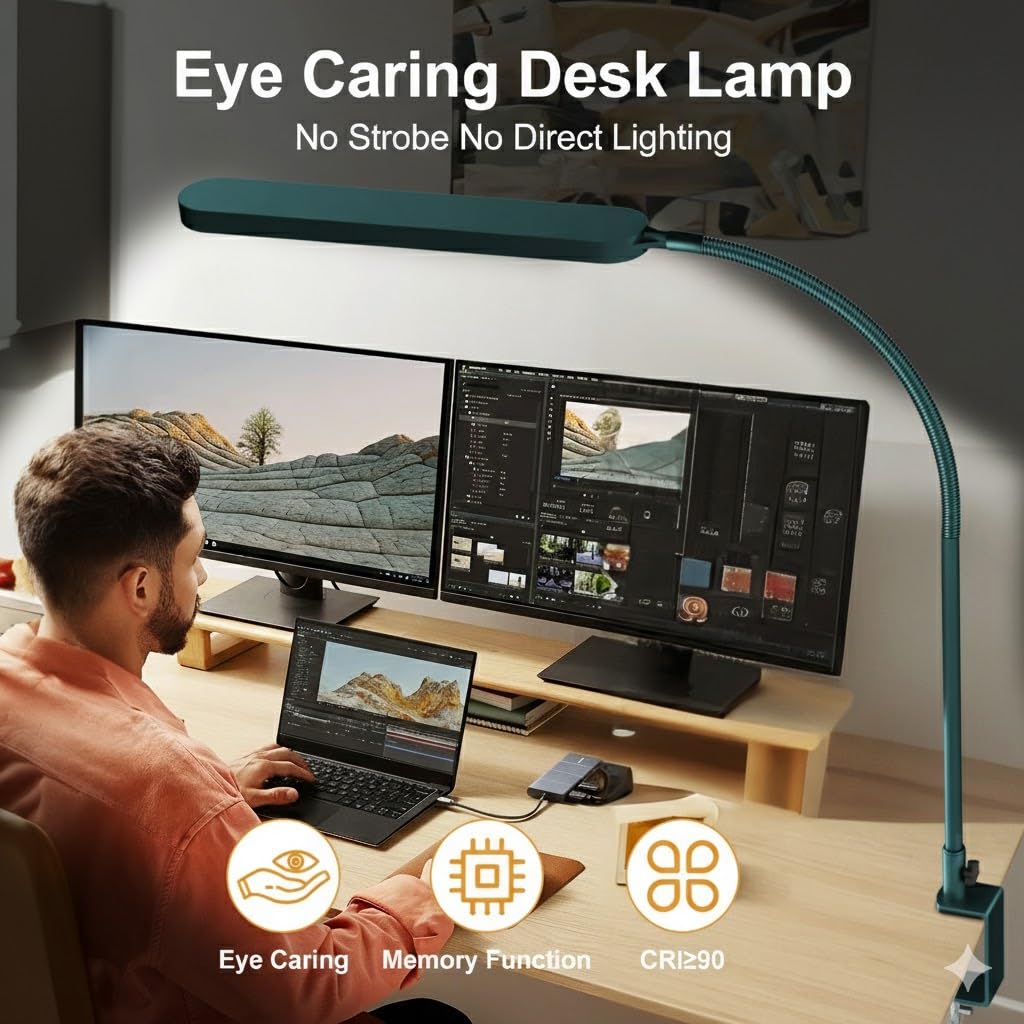LED Desk Lamp - Desk Light for Office - Flexible Gooseneck - 5 Color Modes X 11 Brightness Levels - 1300LM - Timmer & Memory Function - 12W Clip on Light - Green