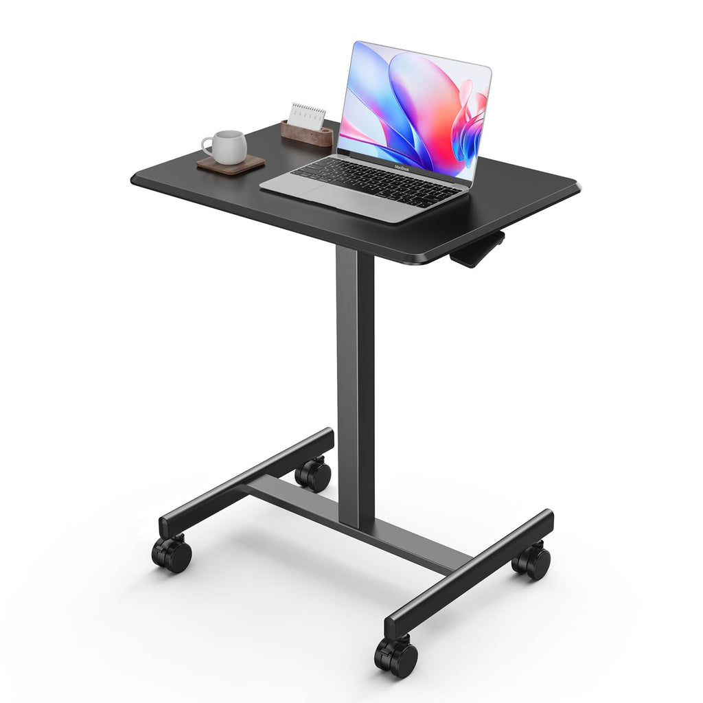 Small Rolling Desk Mobile Standing Portable Laptop PC Table with Wheels, Adjustable Height Computer Workstation for Bedroom Study Use, Space Saving Home Office Desk, Modern Black
