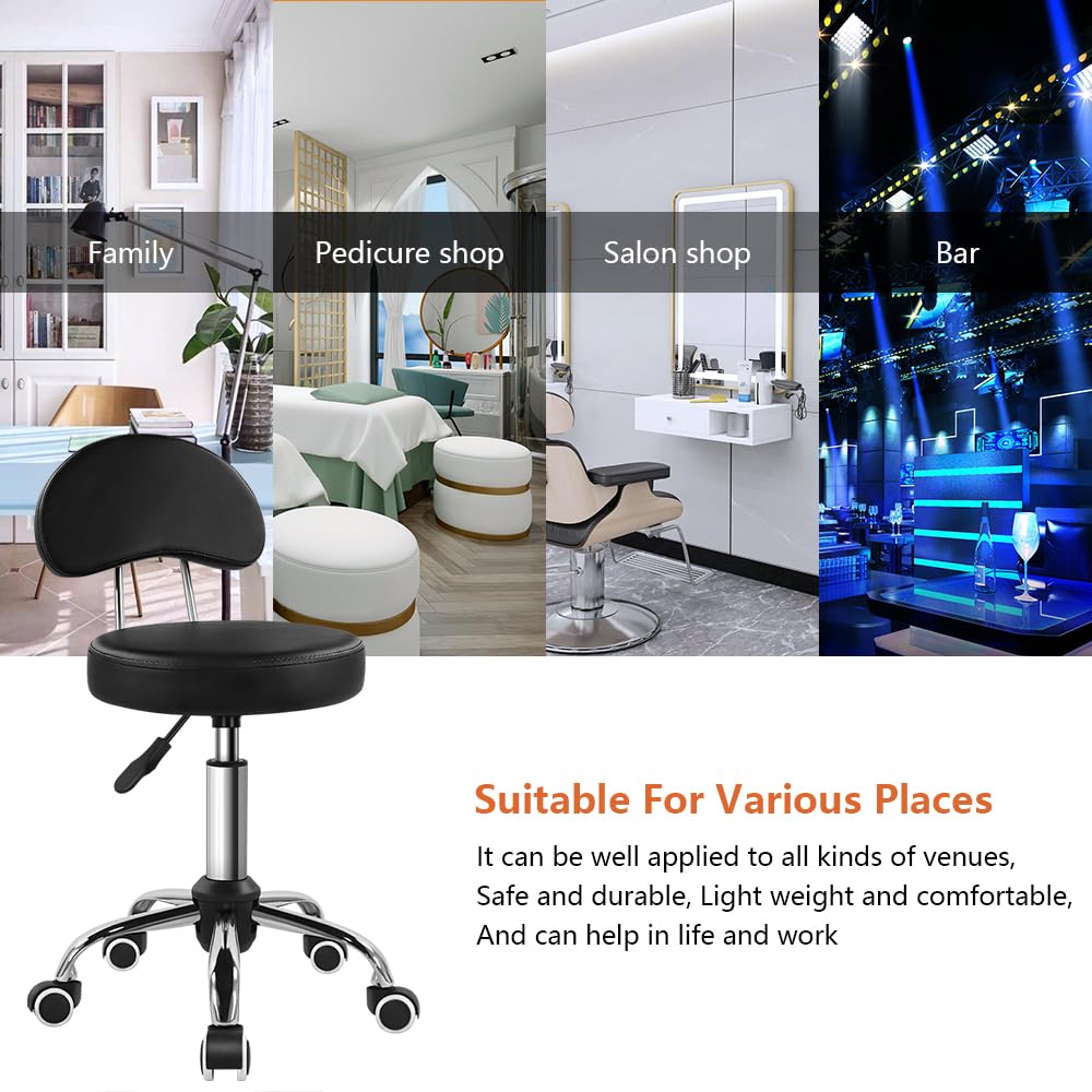 Rolling Stool with Mid Back Height Adjustable Chair PU Leather Swivel Chair with Wheels for Office Home Task Drafting (Black)