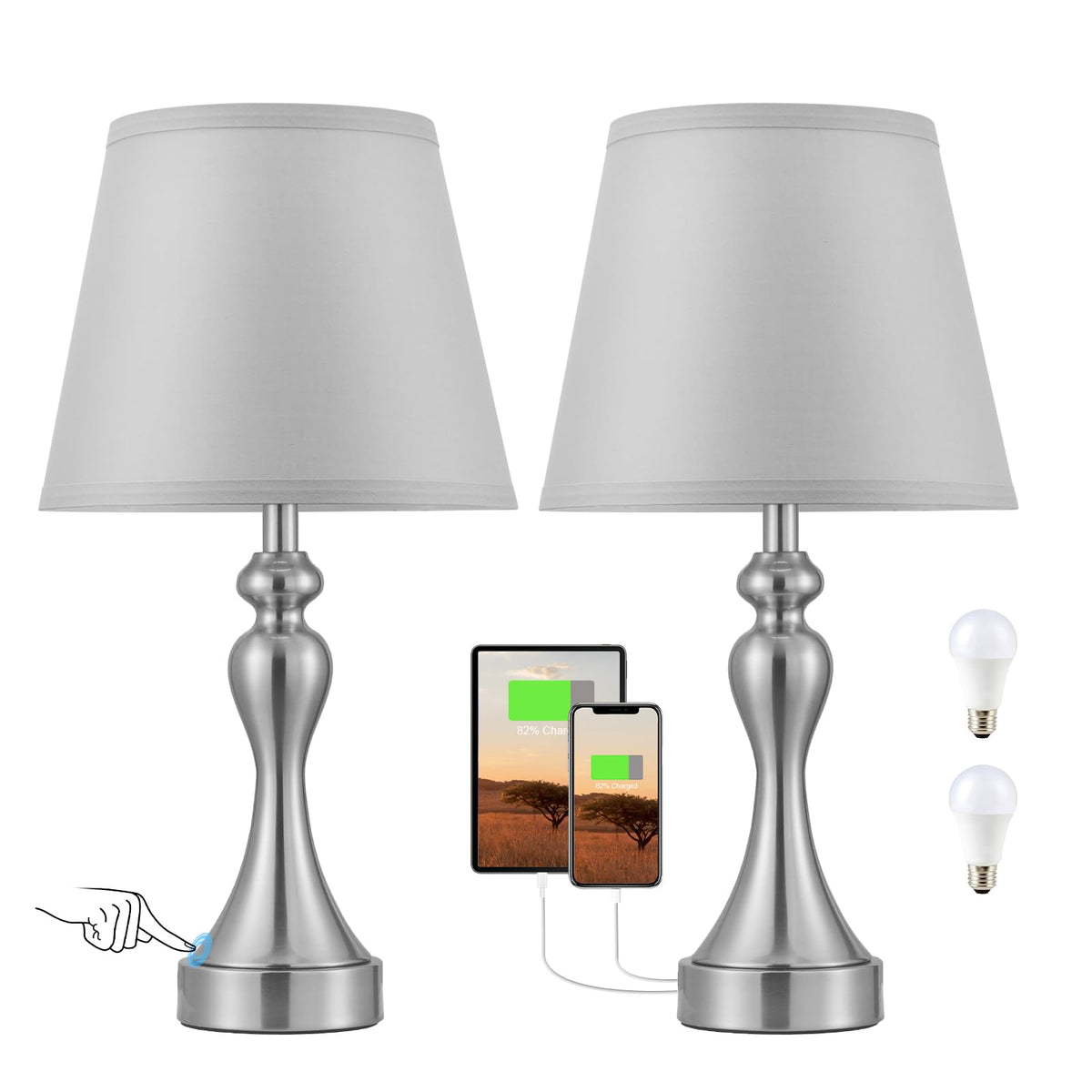 Touch Lamps for Nightstand, 3 Way Dimmable Bedside Lamps with USB C+A Ports