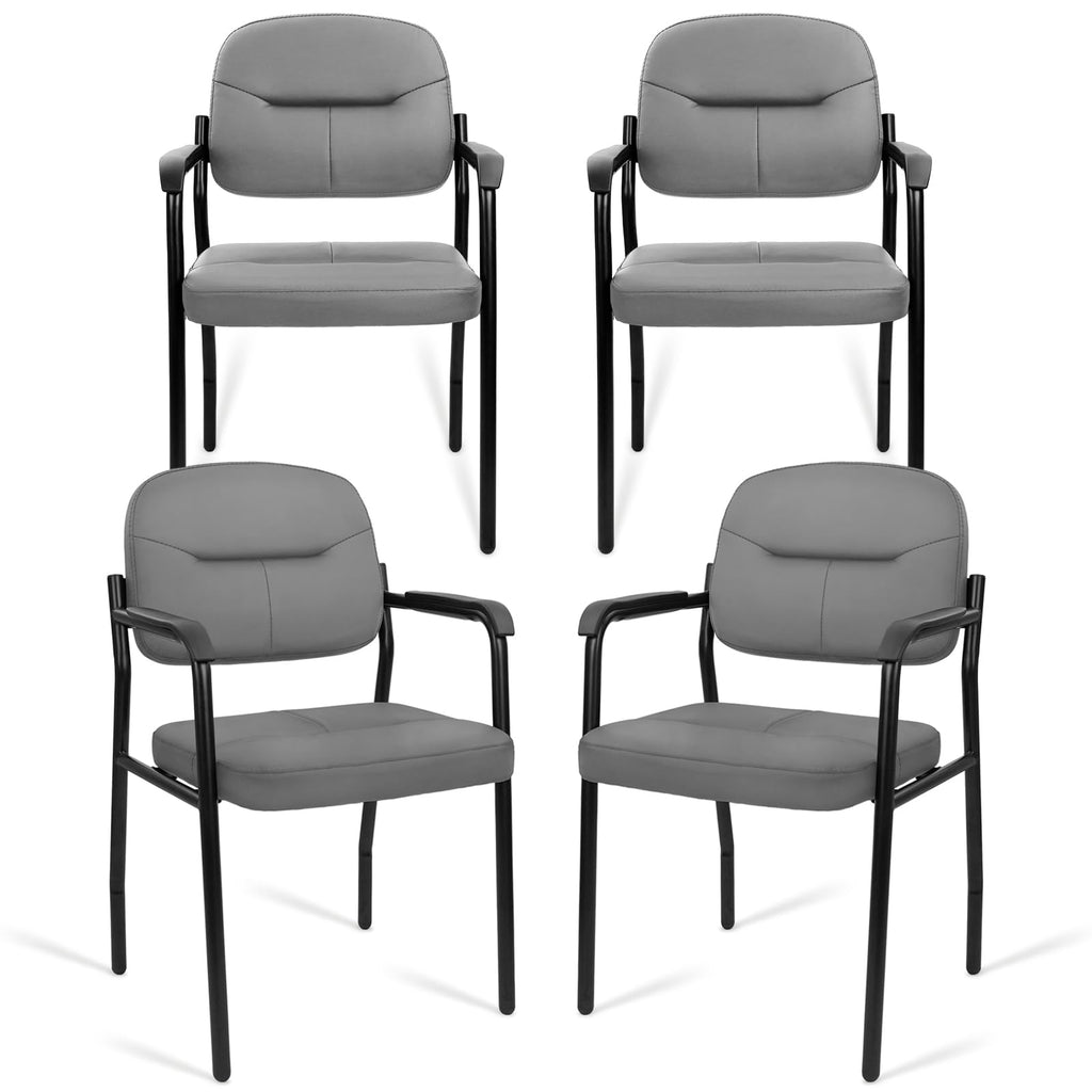 Leather Guest Chair Sets of 4, Office Reception Chair No Wheels with Armrests and Lumber Support, Ergonomic Desk Armchair for Meeting Waiting Conference Lobby Room, Grey