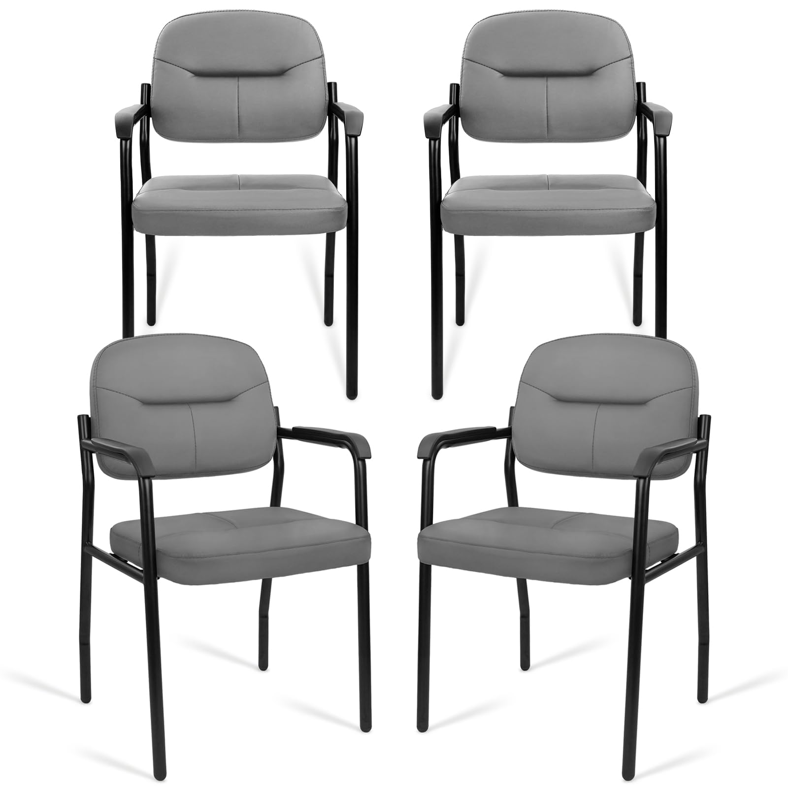 Leather Guest Chair Sets of 4, Office Reception Chair No Wheels with Armrests and Lumber Support, Ergonomic Desk Armchair for Meeting Waiting Conference Lobby Room, Grey