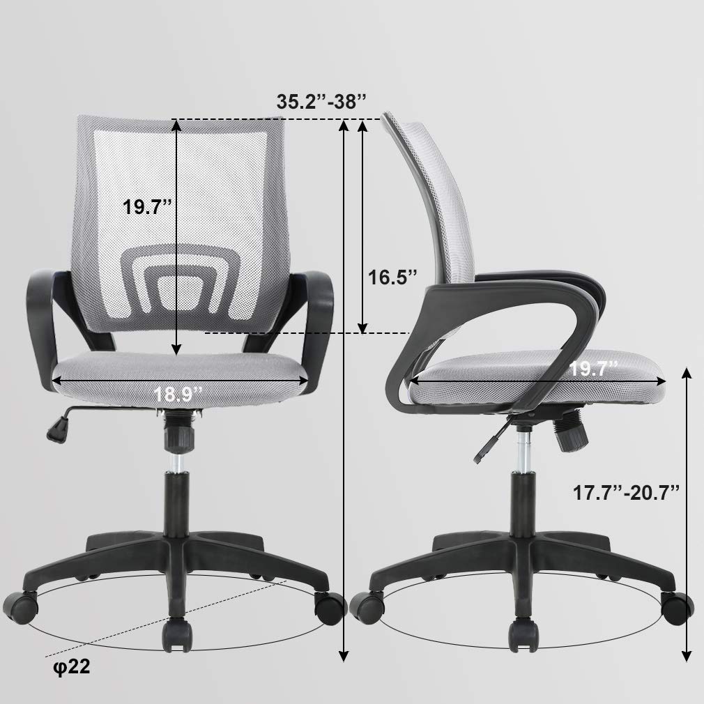 Ergonomic Office Chair | Mid-Back Swivel Desk Chair | Breathable Backrest & Lumbar Support | Adjustable Height | Sponge Seat | Rolling Wheels | Grey | for Adults & Women | Pack of 2