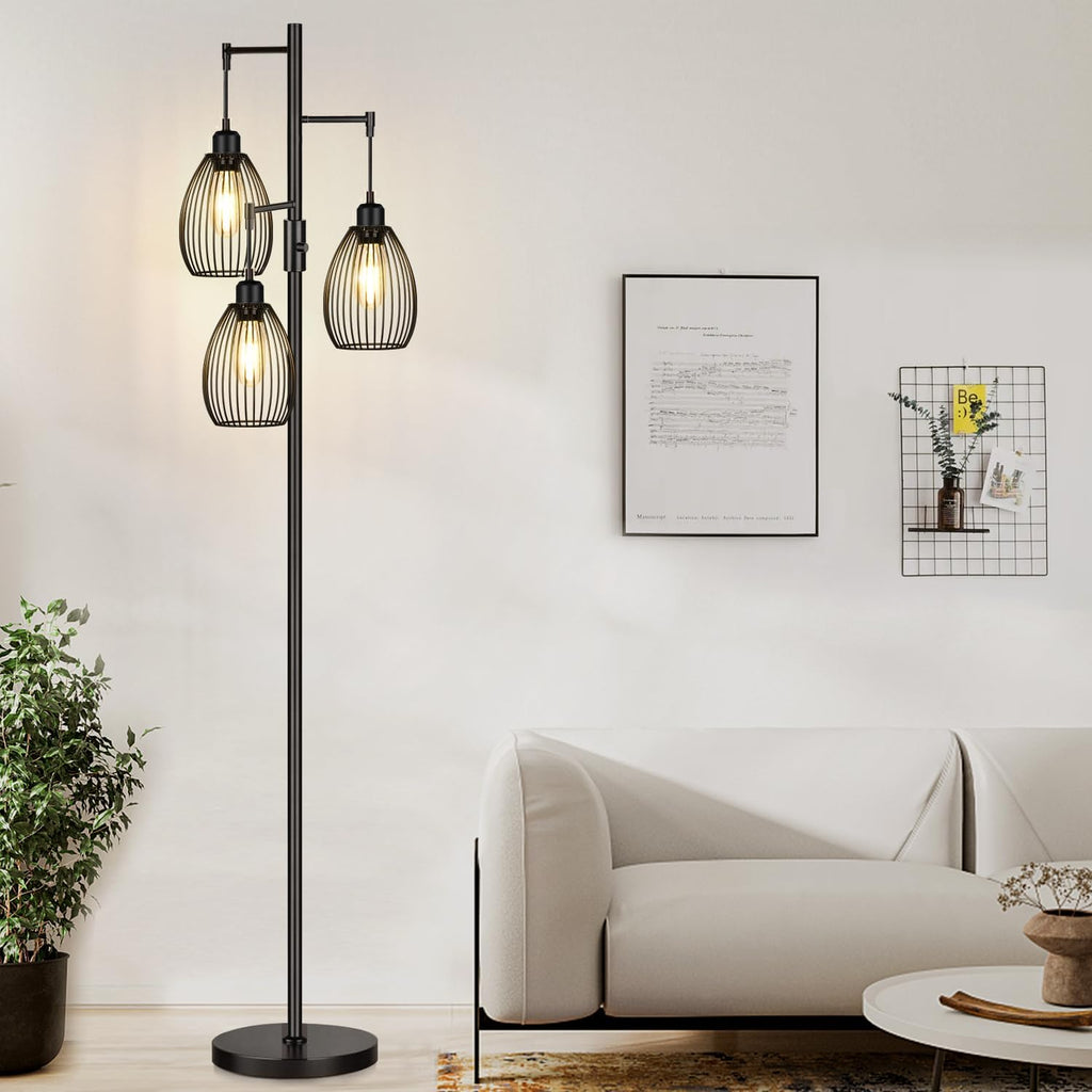 Floor Lamp, 3 x 800LM LED Edison Bulbs Included, Farmhouse Industrial Floor Lamp Standing Tree Lamp with Elegant Teardrop Cage Tall Lamps for Living Room Bedroom Office Dining Room-Black